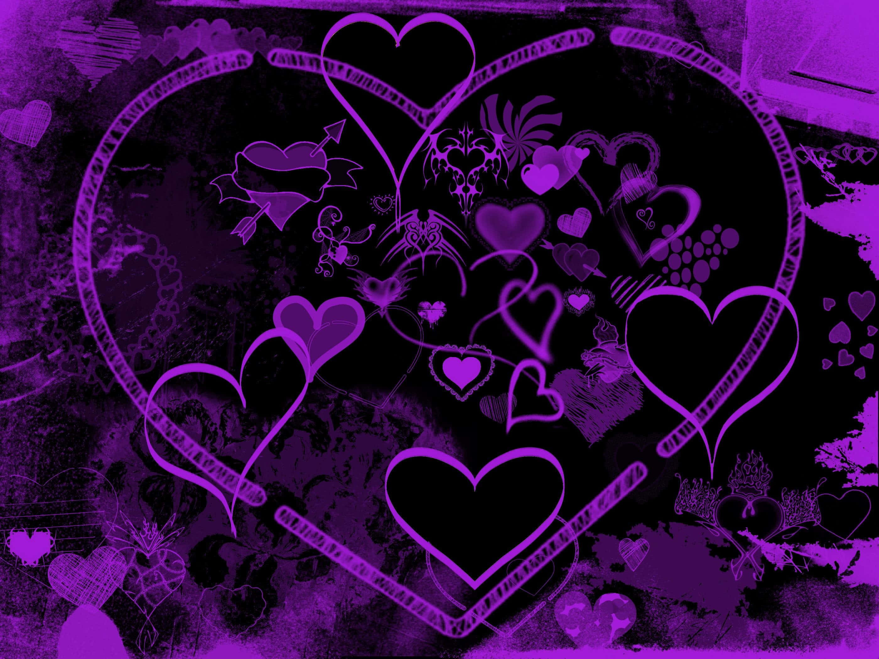 Purple Hearts Collage, vivid purple hearts, textured dark background, 2K Desktop Wallpaper