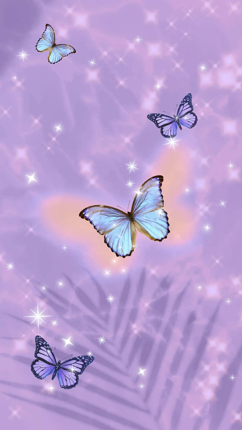 glowing blue butterflies, sparkling lavender sky, palm fronds, HD Phone Wallpaper