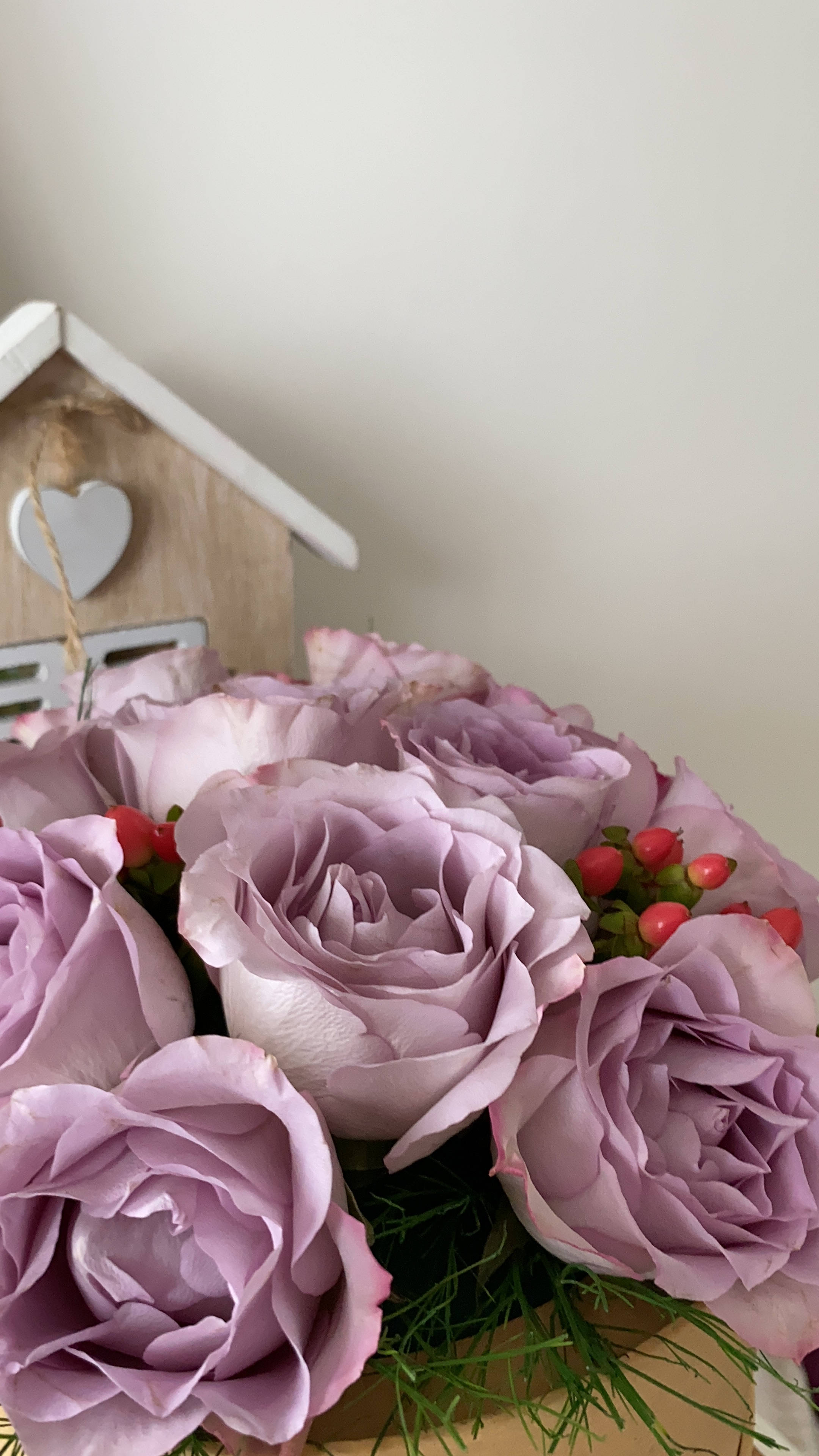light purple roses, lavender roses, red berries, 4K Phone Wallpaper
