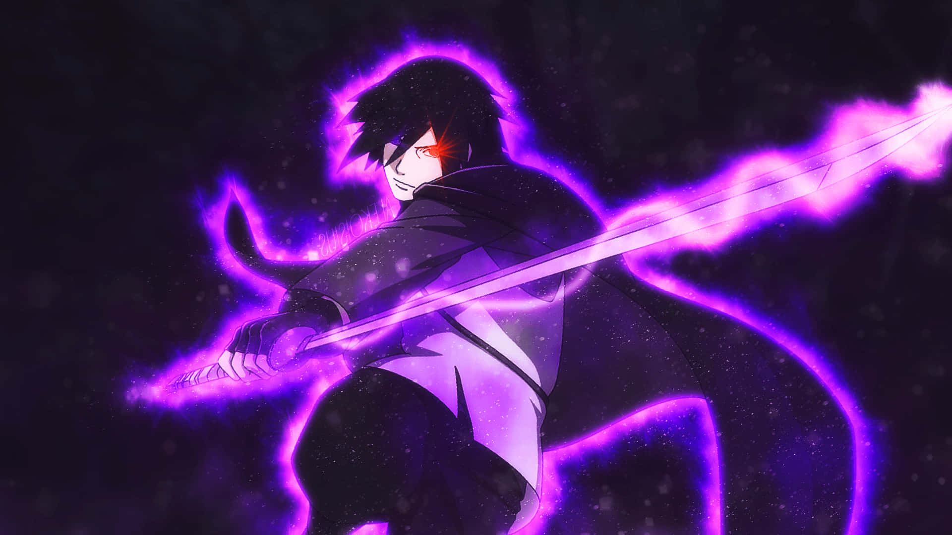 Purple Sasuke, glowing purple sword, dark cosmic backdrop, Full HD Desktop Wallpaper