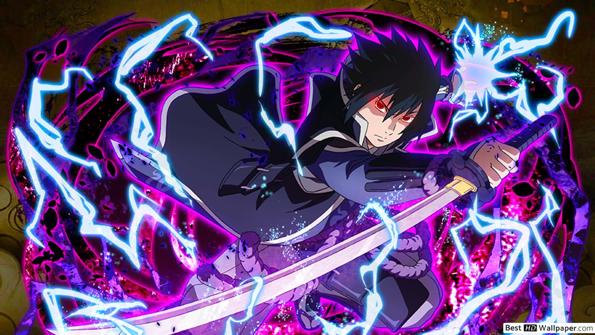Purple Sasuke, red eyes, glowing sword, Full HD Desktop Wallpaper