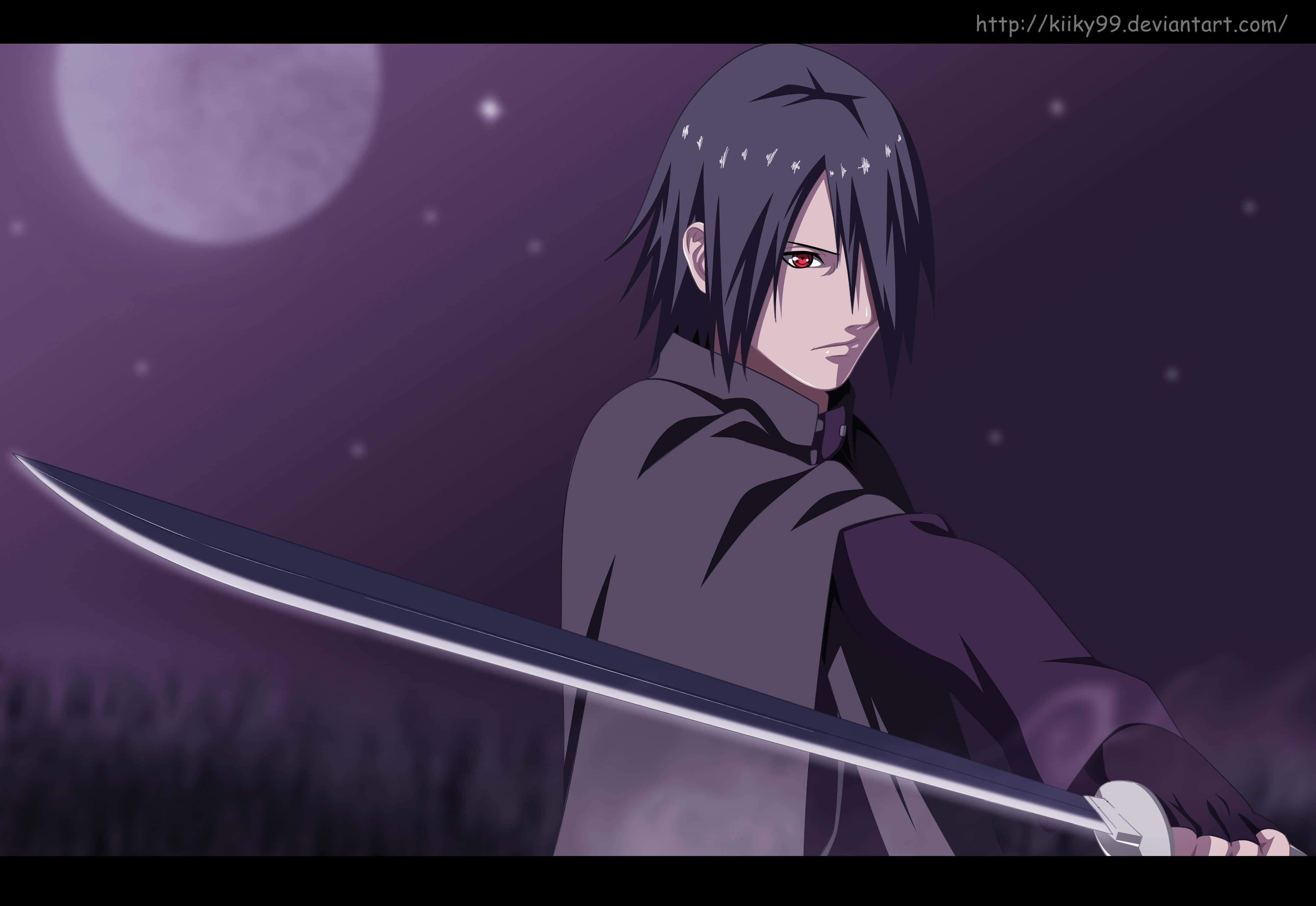 Purple Sasuke, dark-haired anime warrior, red eyes, 4K Desktop Wallpaper