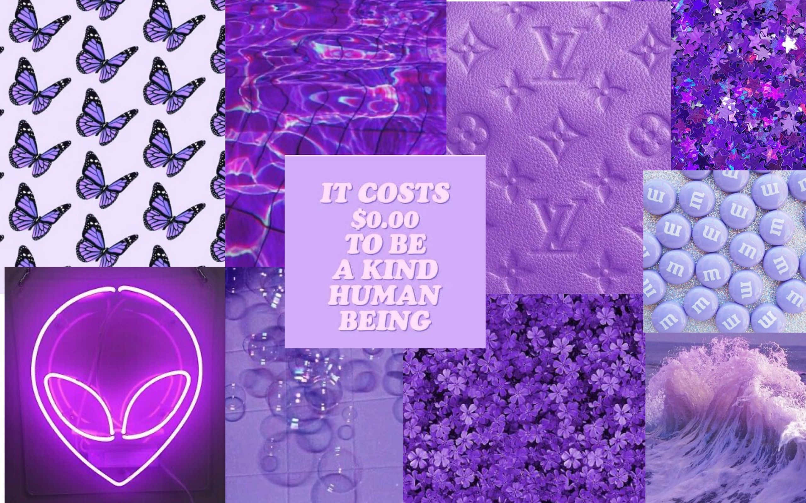 purple collage, butterflies, neon aliens, 2K Desktop Wallpaper