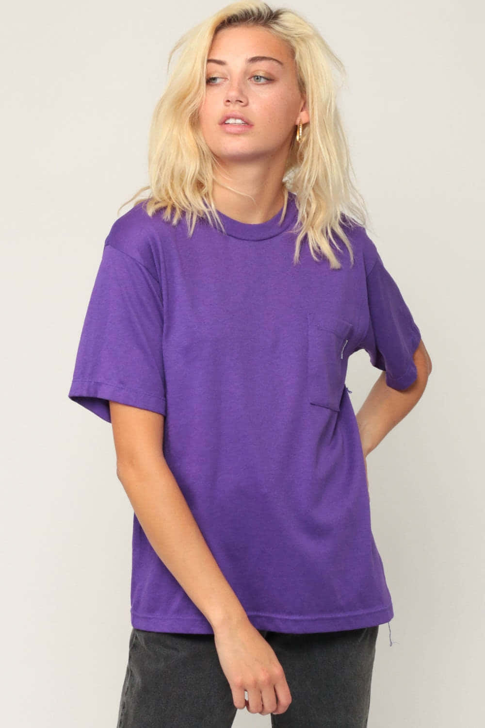 purple t-shirt, blonde hair, chest pocket, HD Phone Wallpaper