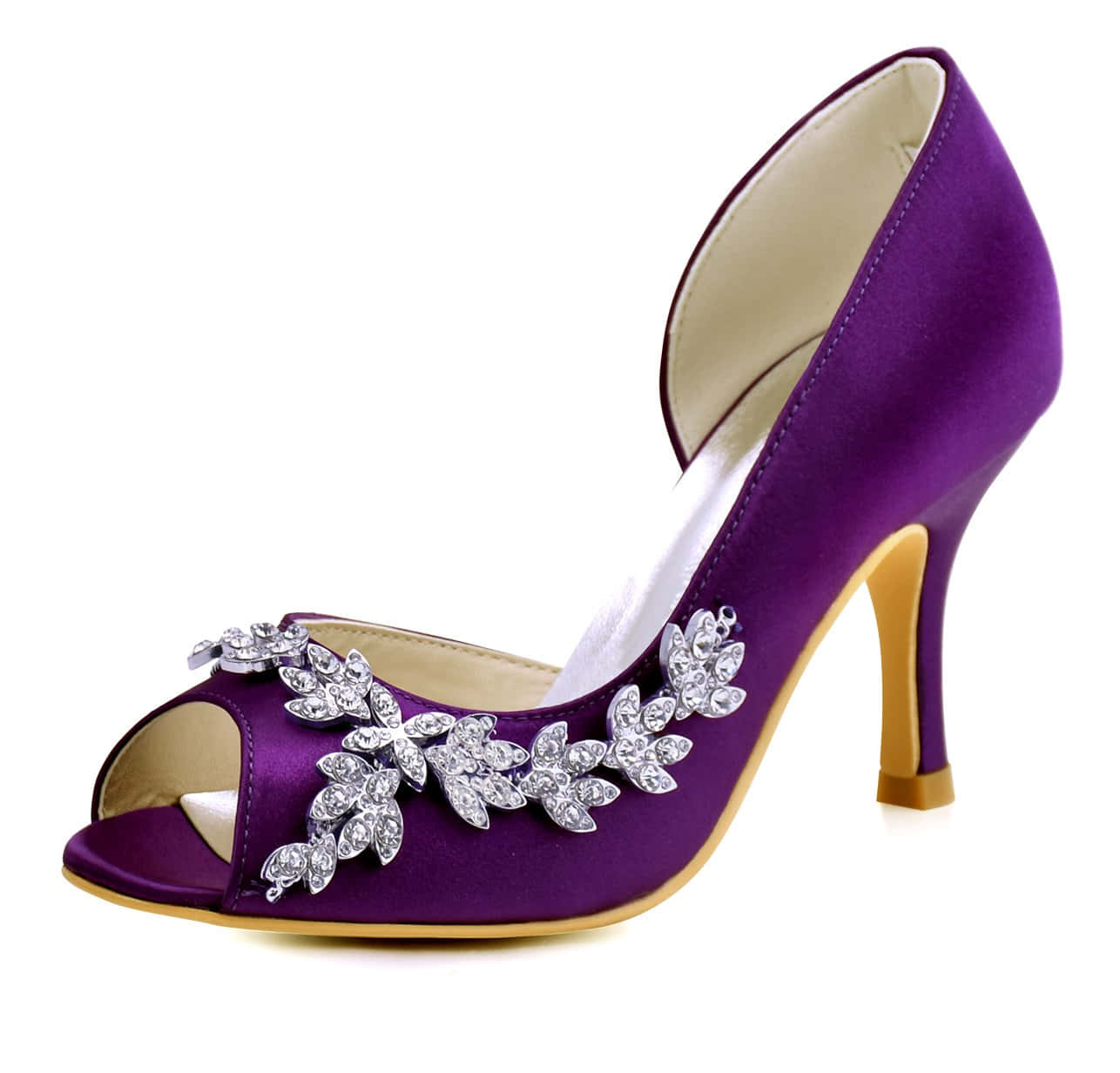 purple satin peep-toe high heel, sparkling crystal leaf embellishments, clean white background, HD Desktop Wallpaper