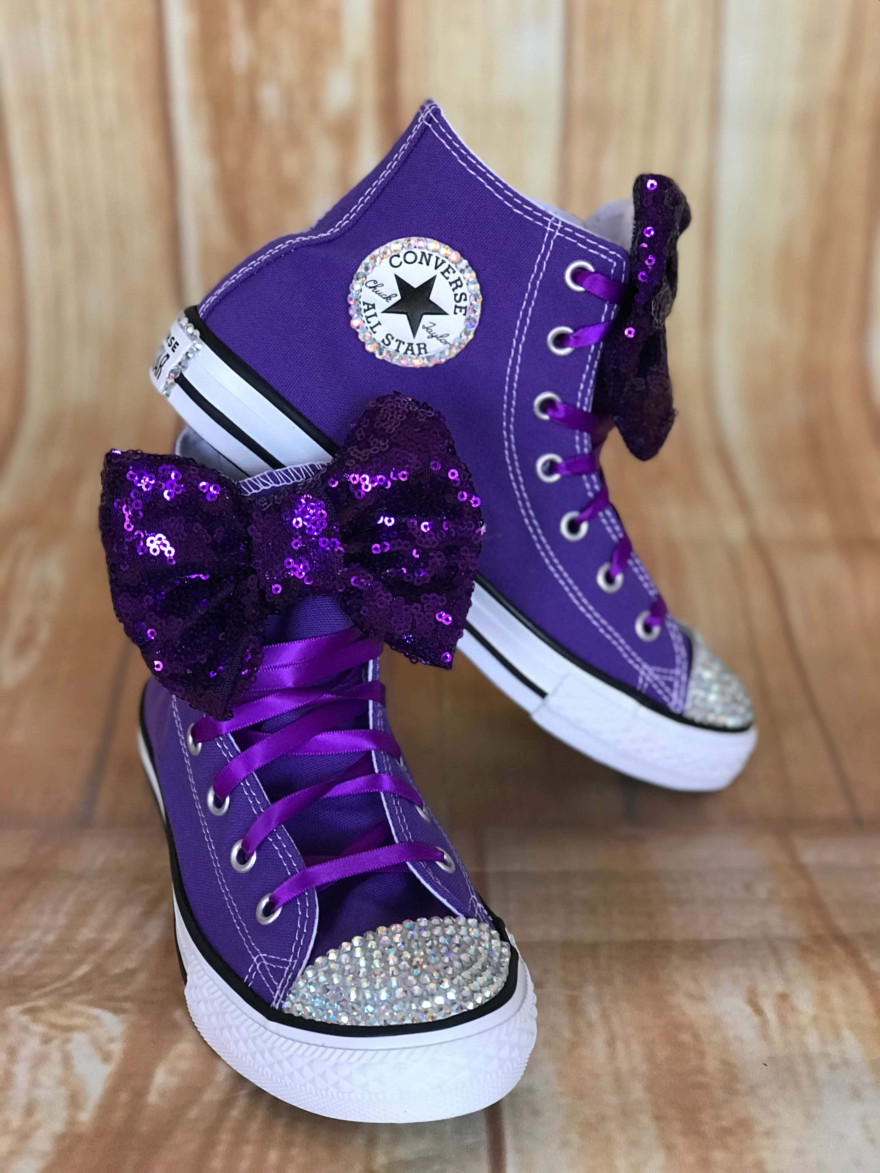 Purple high-top Converse sneakers, glitter bows, rhinestone toes, 4K Phone Wallpaper