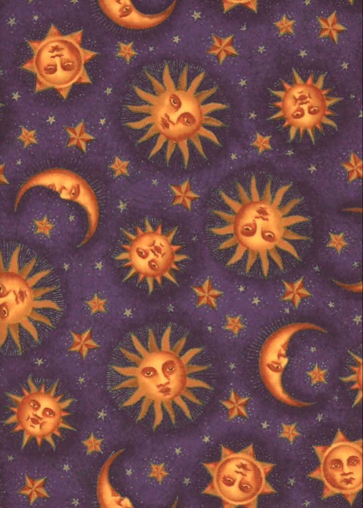 Celestial Fabric Pattern, smiling suns, crescent moons, SD Phone Wallpaper