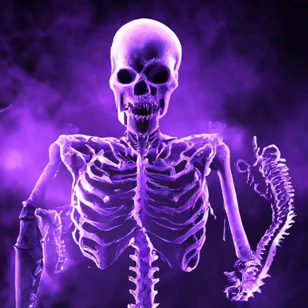 Purple Hued Skeleton Portrait, glowing purple skeleton, smoky dark background, SD Desktop Wallpaper