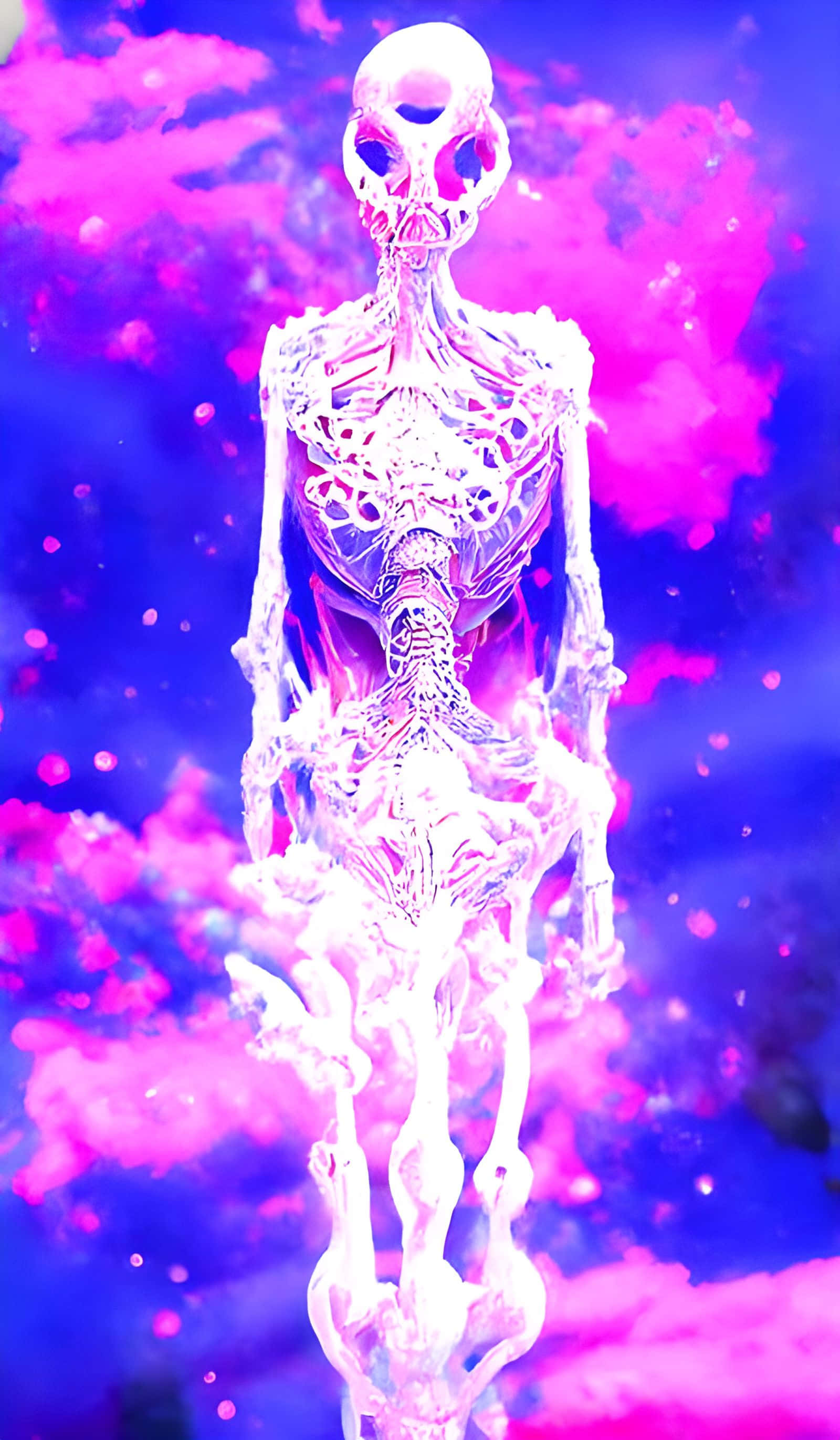 vibrant purple skeleton, glowing translucent alien skeleton, vibrant pink and blue cosmic nebula, 2K Phone Wallpaper