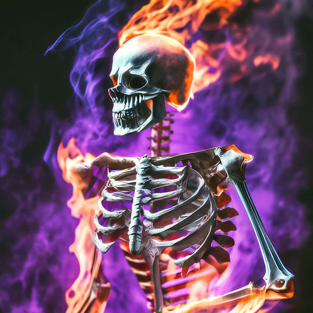 Flaming Purple Skeleton Art, metallic skeleton, vibrant orange flames, SD Desktop Wallpaper