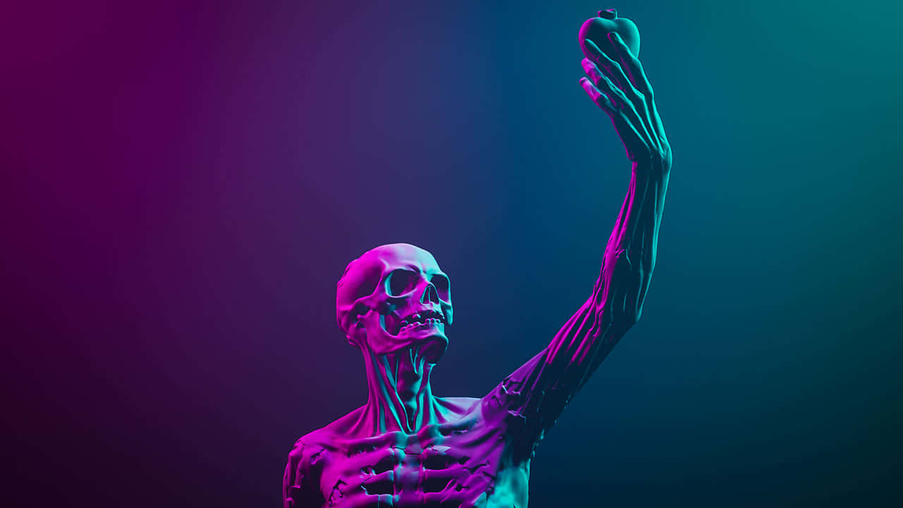 Purple Skeleton, glowing neon skeleton, heart, HD Desktop Wallpaper