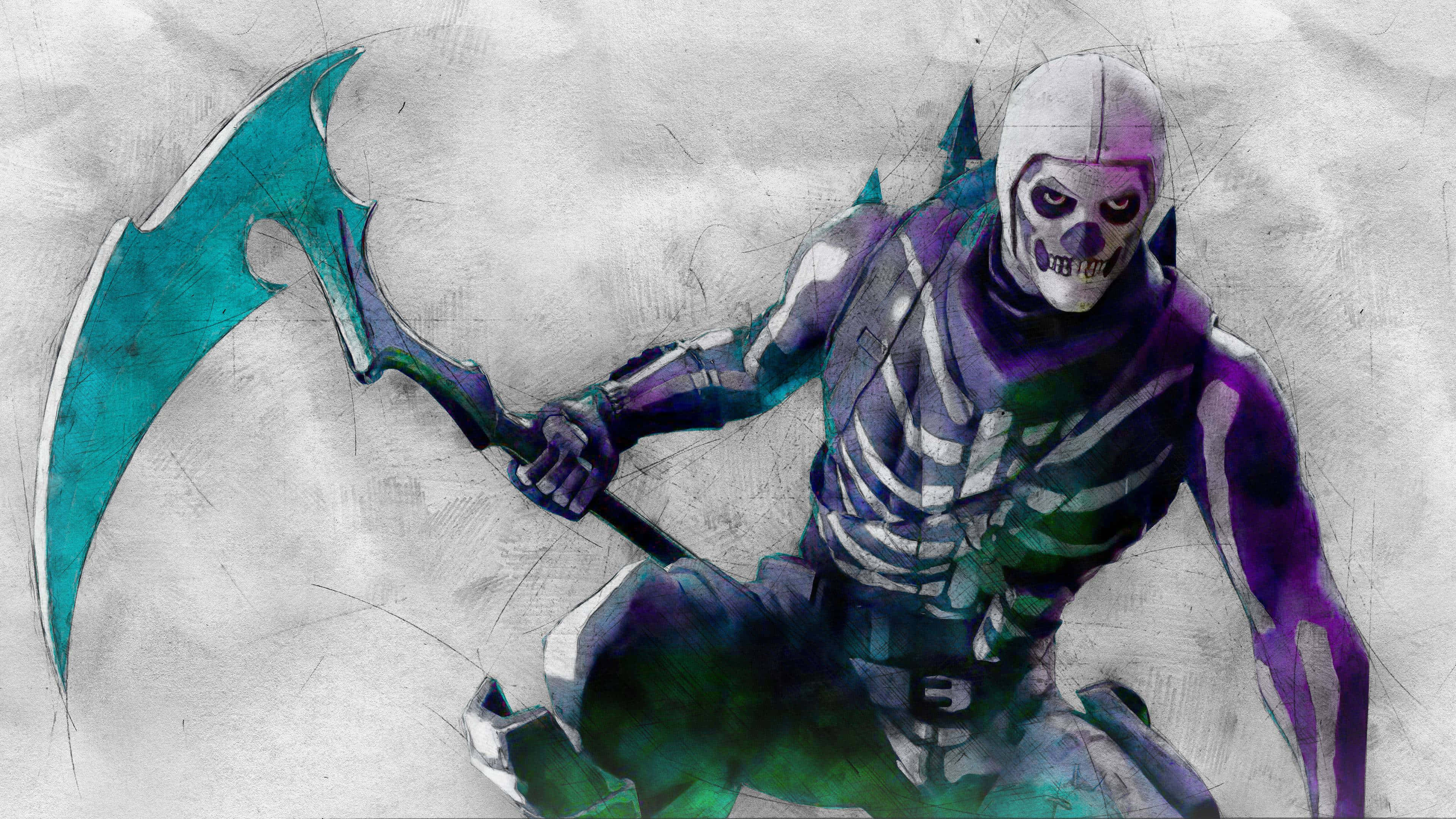 Purple Skeleton Warrior, purple and teal armor, massive curved scythe, 4K Desktop Wallpaper