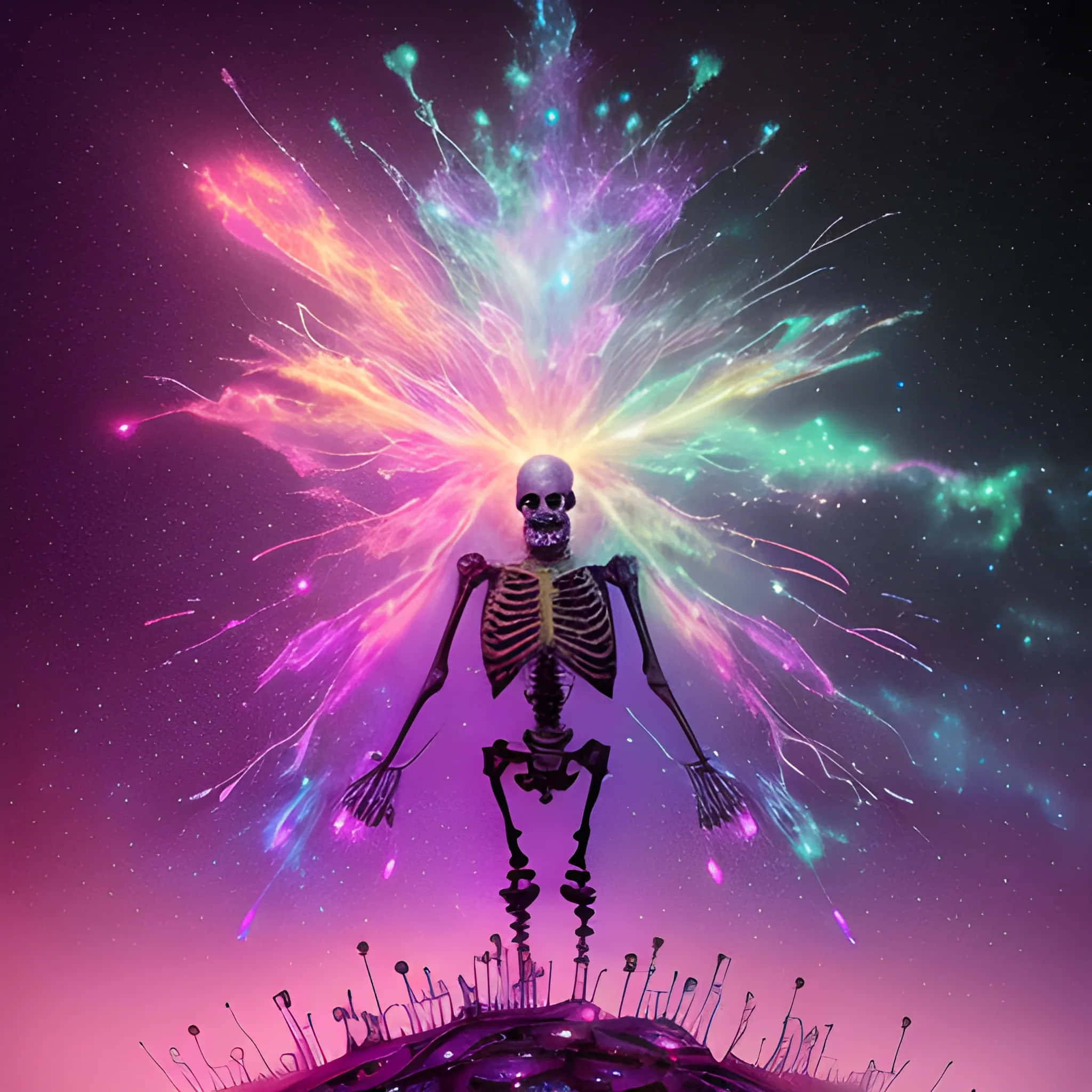 Cosmic Skeleton, glowing skeleton, vibrant cosmic energy, Full HD Desktop Wallpaper