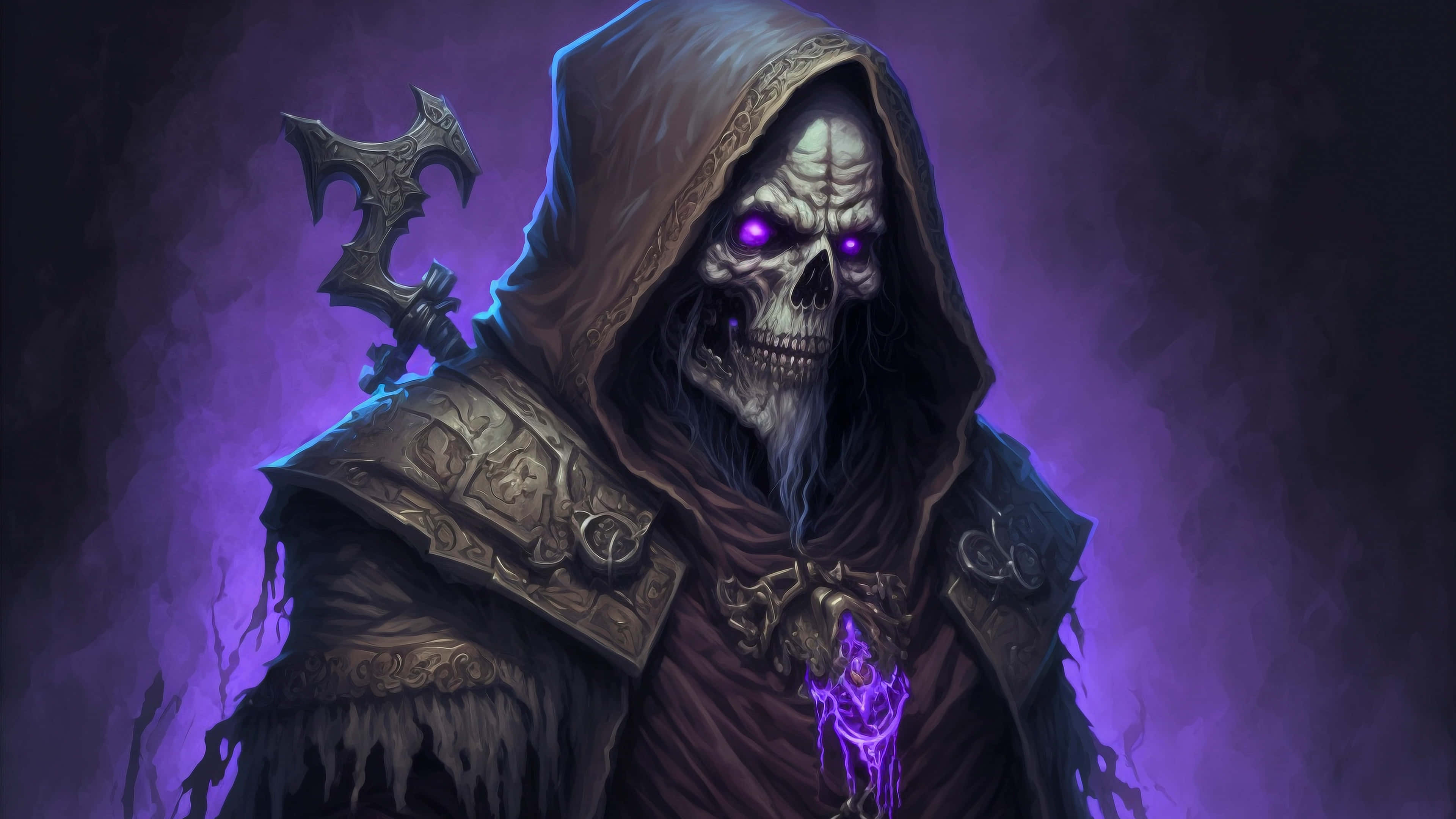 Purple Glow Skeleton Warrior, glowing purple eyes, jagged axe, 4K Desktop Wallpaper