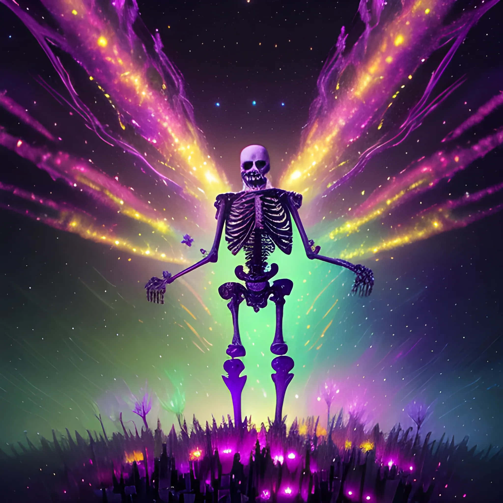 Cosmic Skeleton, purple grass, cosmic sky, Full HD Desktop Wallpaper