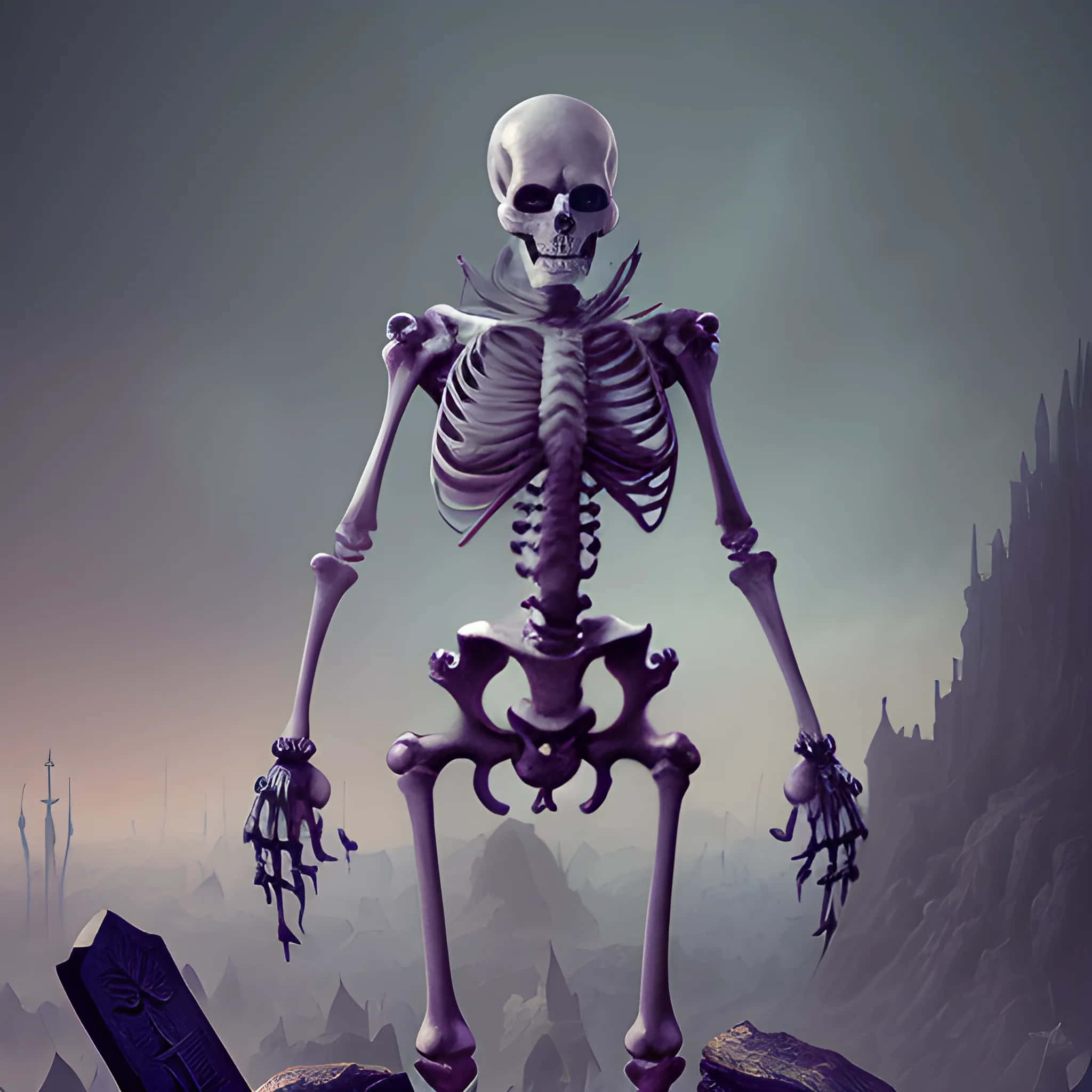 Purple Skeleton, misty graveyard, jagged cliffs, Full HD Desktop Wallpaper