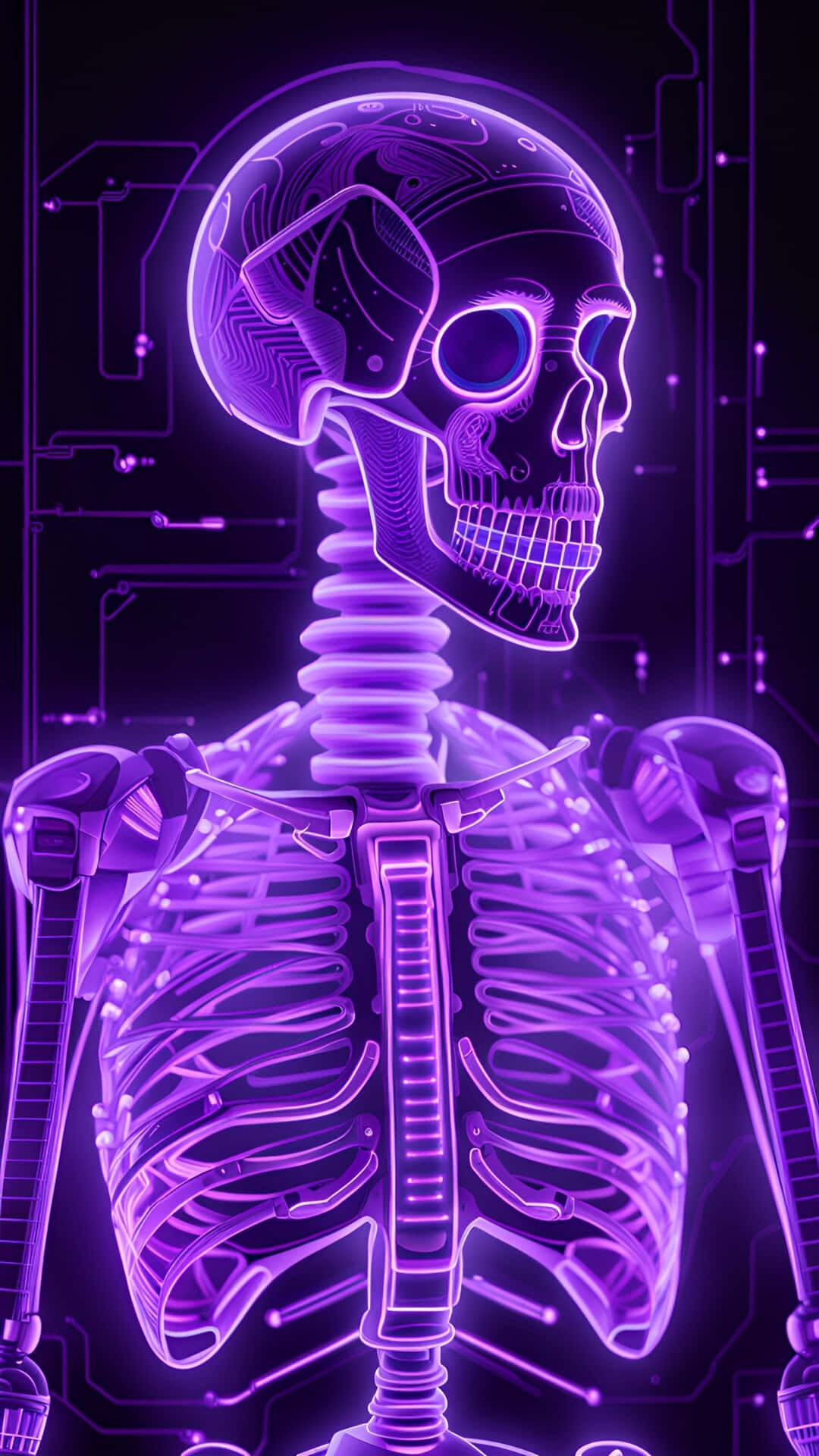 purple neon skeleton, glowing purple, cybernetic skeleton, Full HD Phone Wallpaper