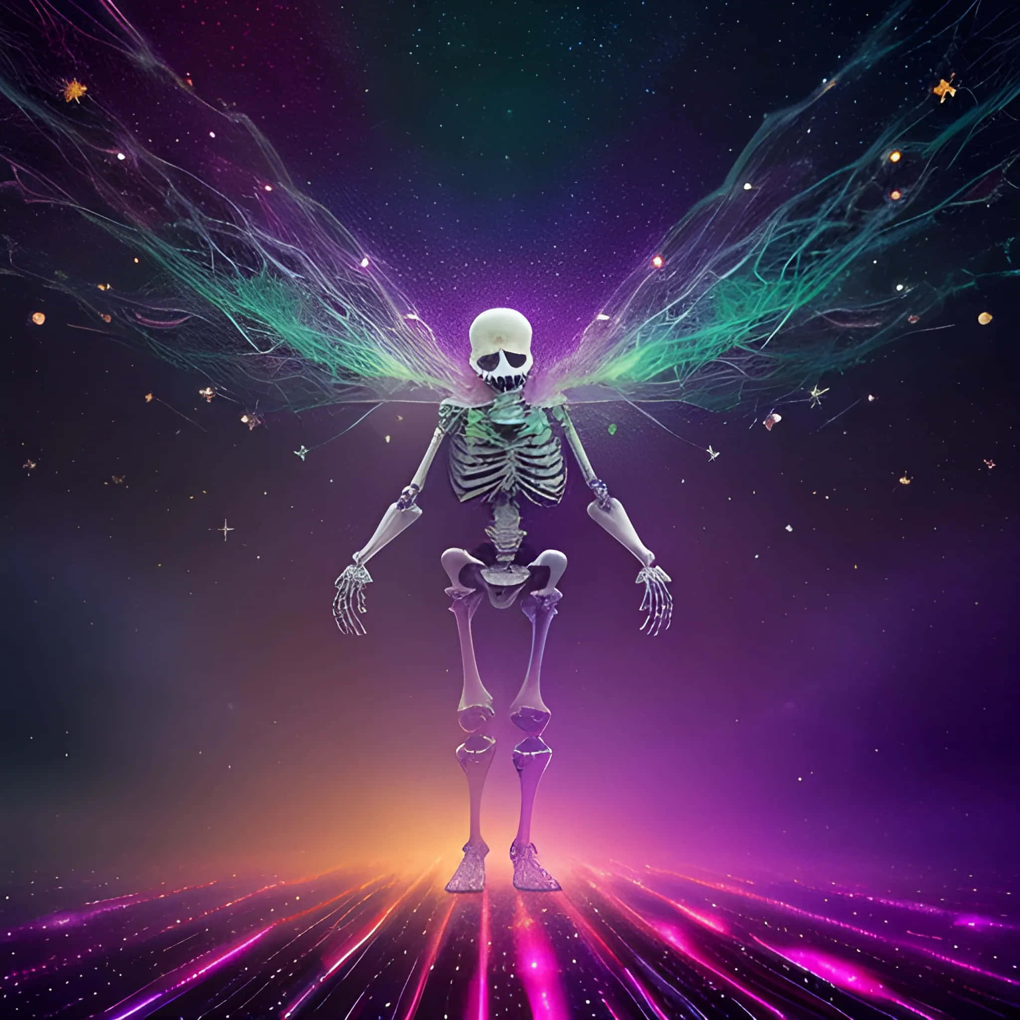 Cosmic Skeleton, ethereal wings, radiant cosmic path, Full HD Desktop Wallpaper