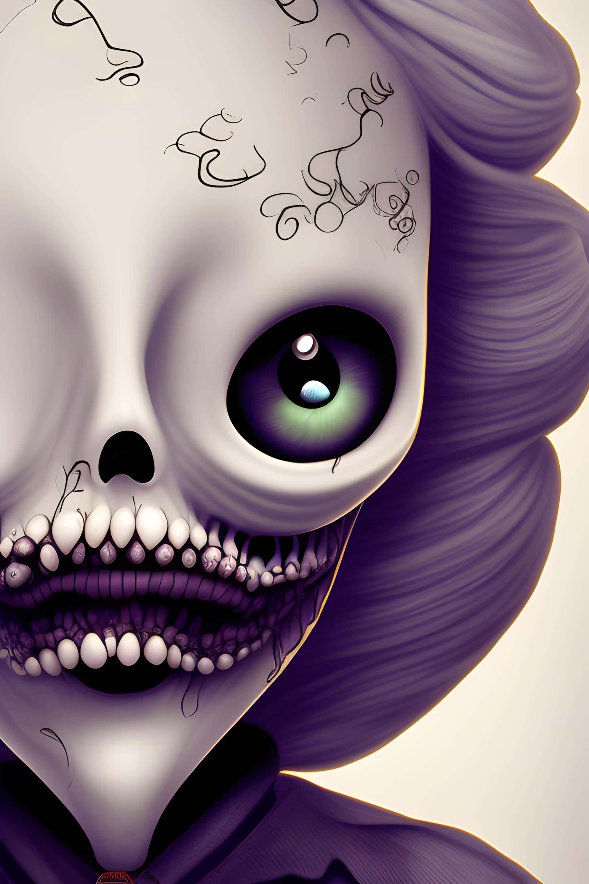 Purple Skeleton, glowing green eye, flowing purple hair, 2K Phone Wallpaper