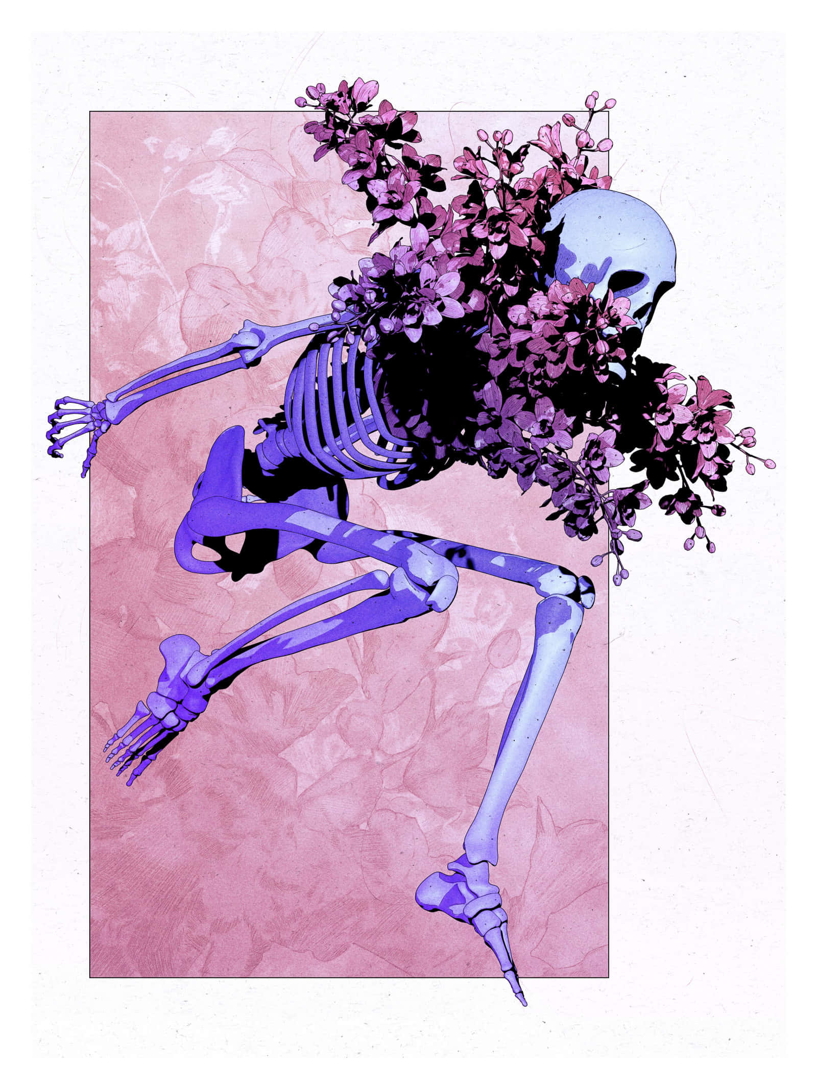 purple skeleton, dynamic pose, cascading pink flowers, Full HD Phone Wallpaper