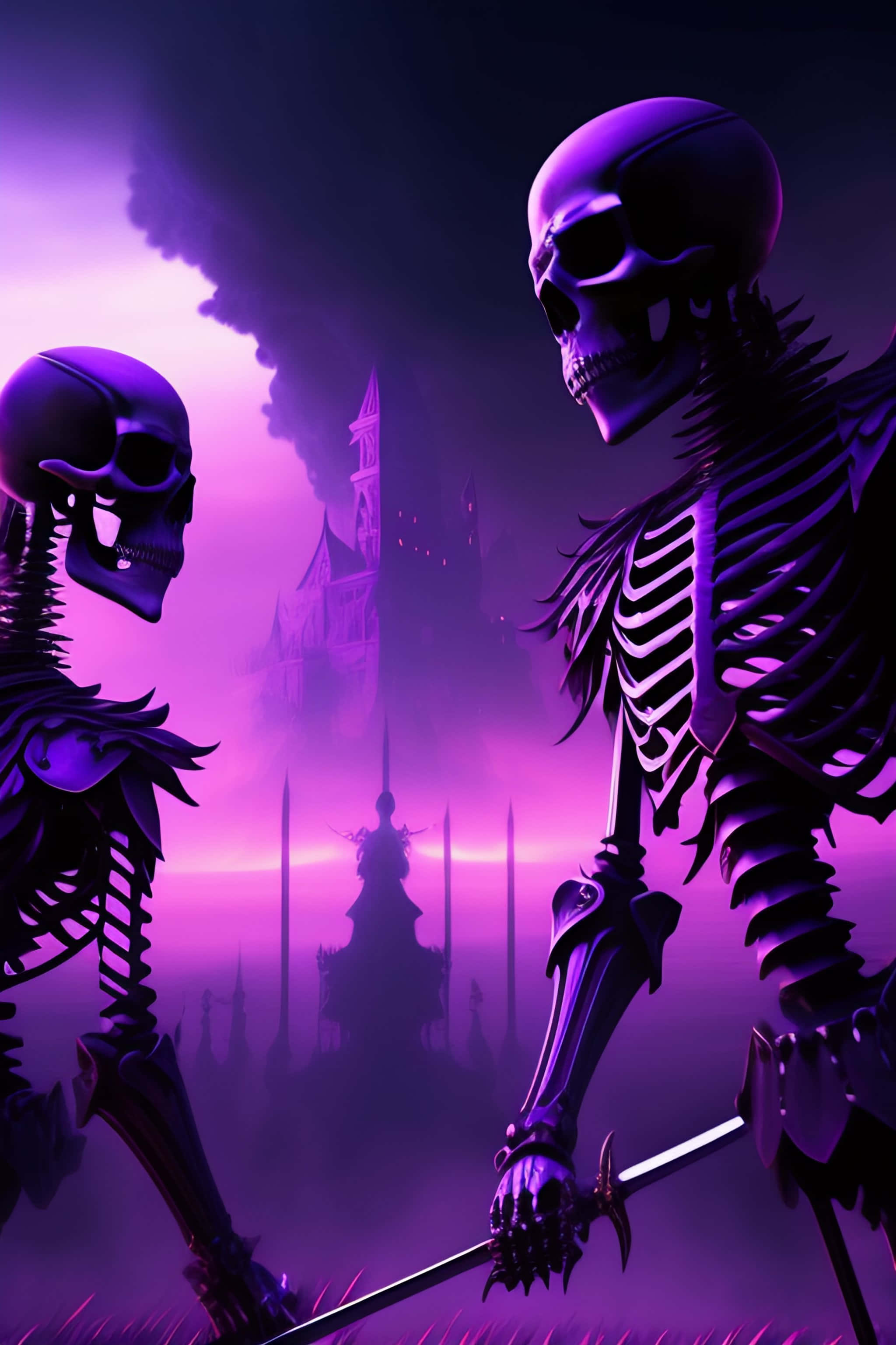 Purple Skeleton, duo, misty purple battlefield, 2K Phone Wallpaper