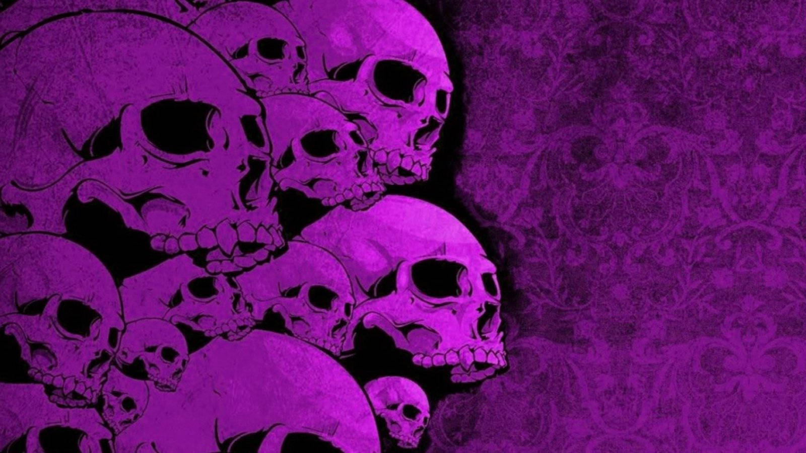 purple skulls, black outlines, textured purple damask background, HD Desktop Wallpaper