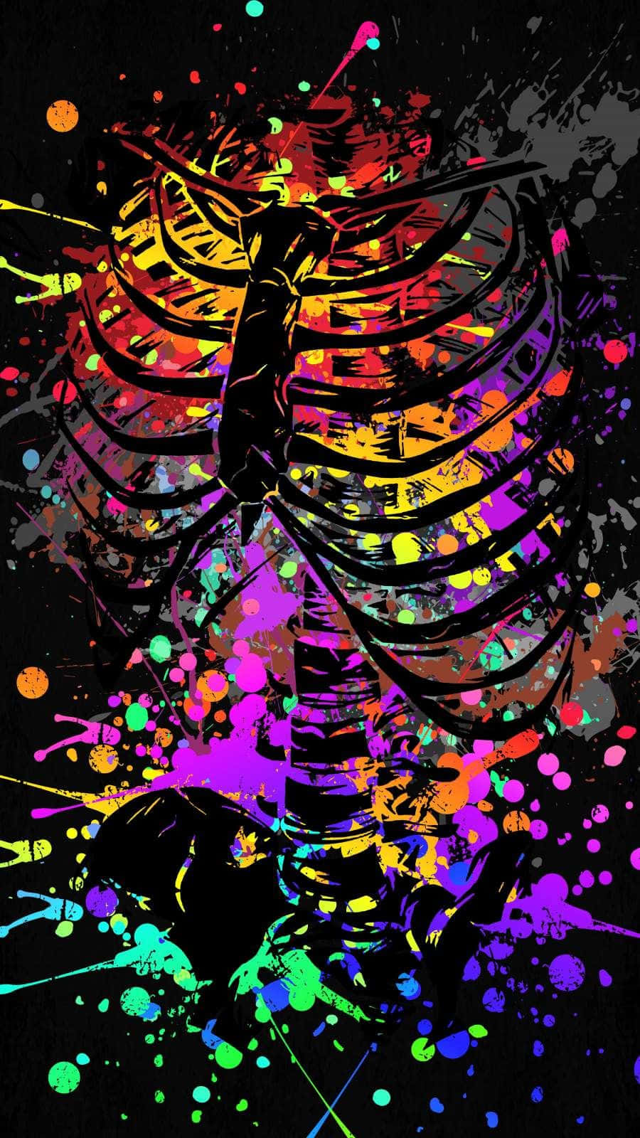 Amoled S, neon paint splatters, black skeletal ribcage, HD Phone Wallpaper