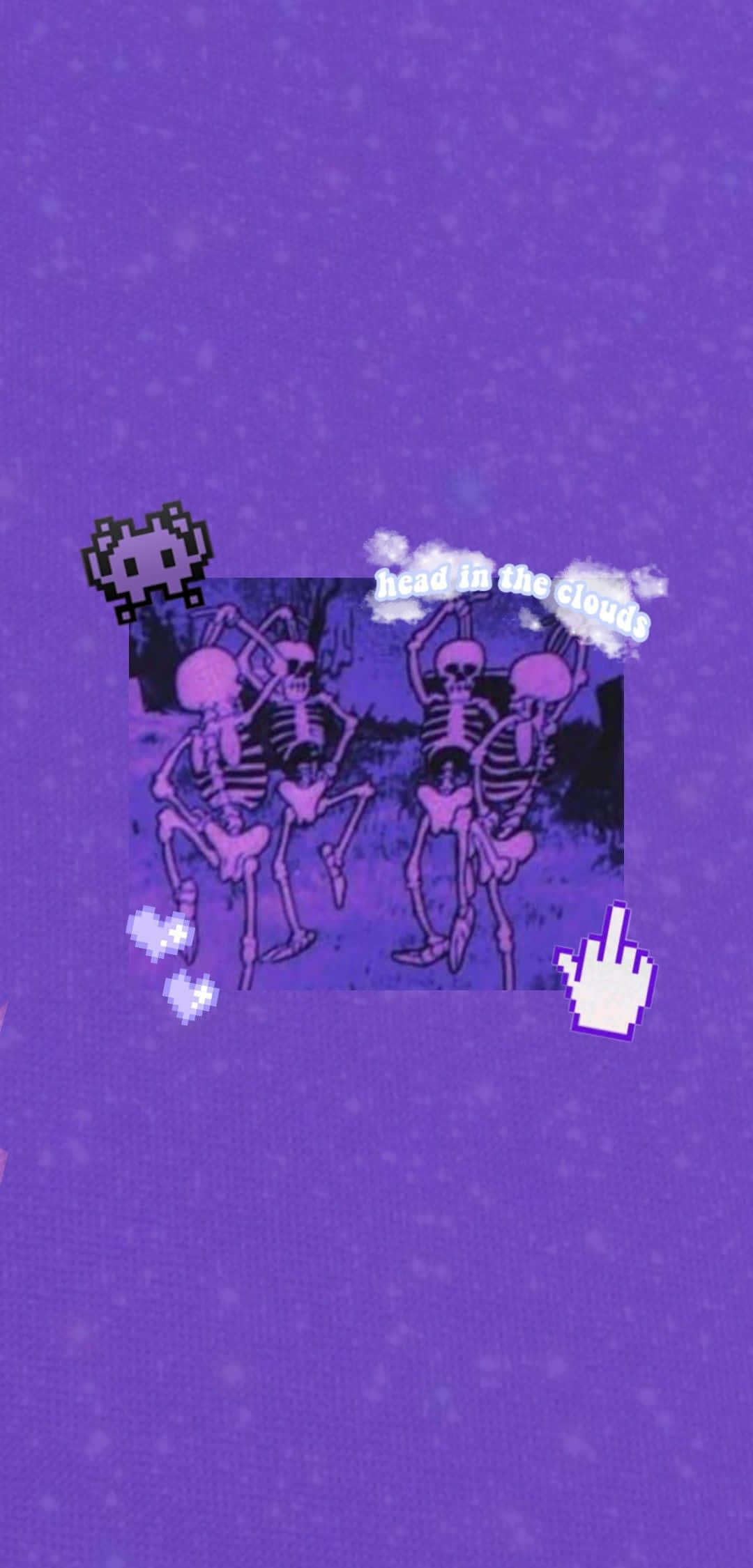 purple sky, pixelated skeletons, floating hearts, Full HD Phone Wallpaper
