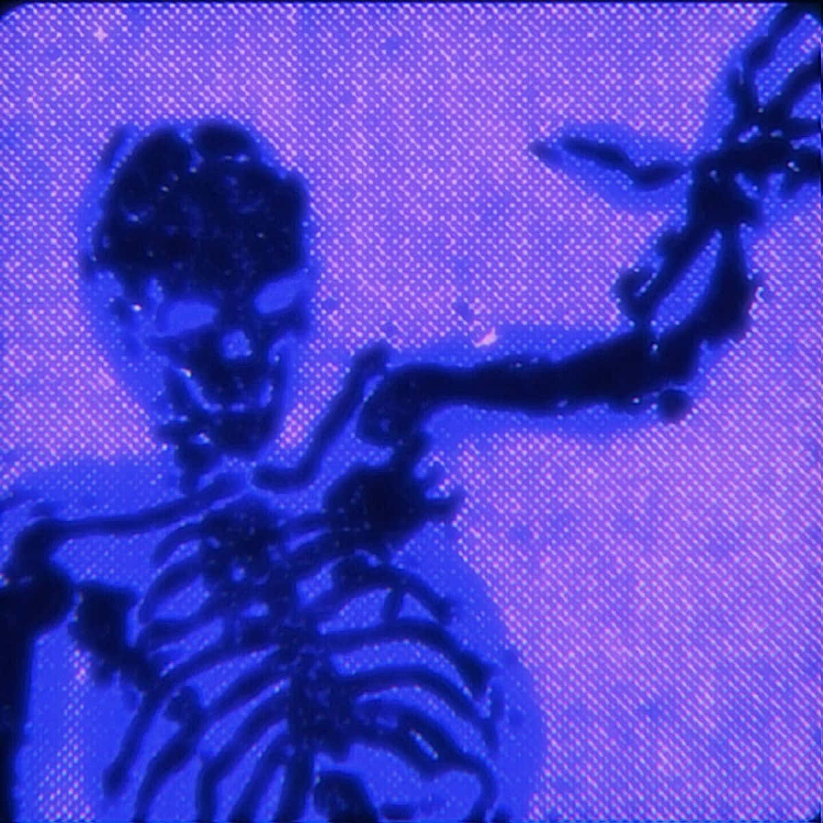 Purple Skeleton, glowing blue skeleton, one arm raised, SD Desktop Wallpaper