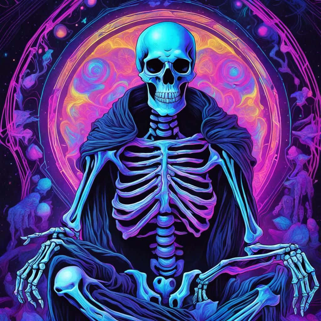 Cosmic Purple Skeleton, glowing blue skeleton, dark robe, SD Desktop Wallpaper