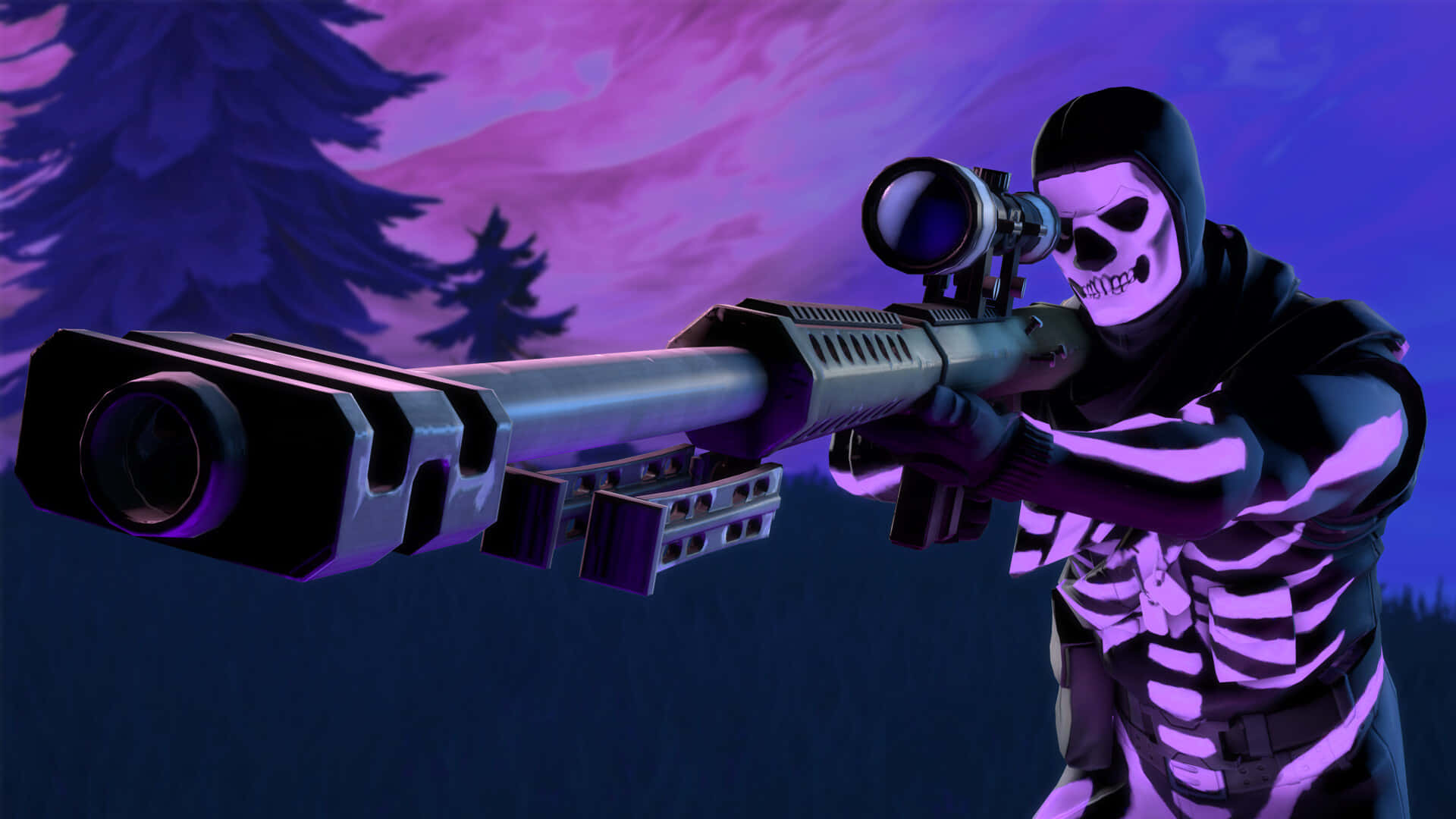 Purple Skull Trooper, black hood, large sniper rifle, Full HD Desktop Wallpaper