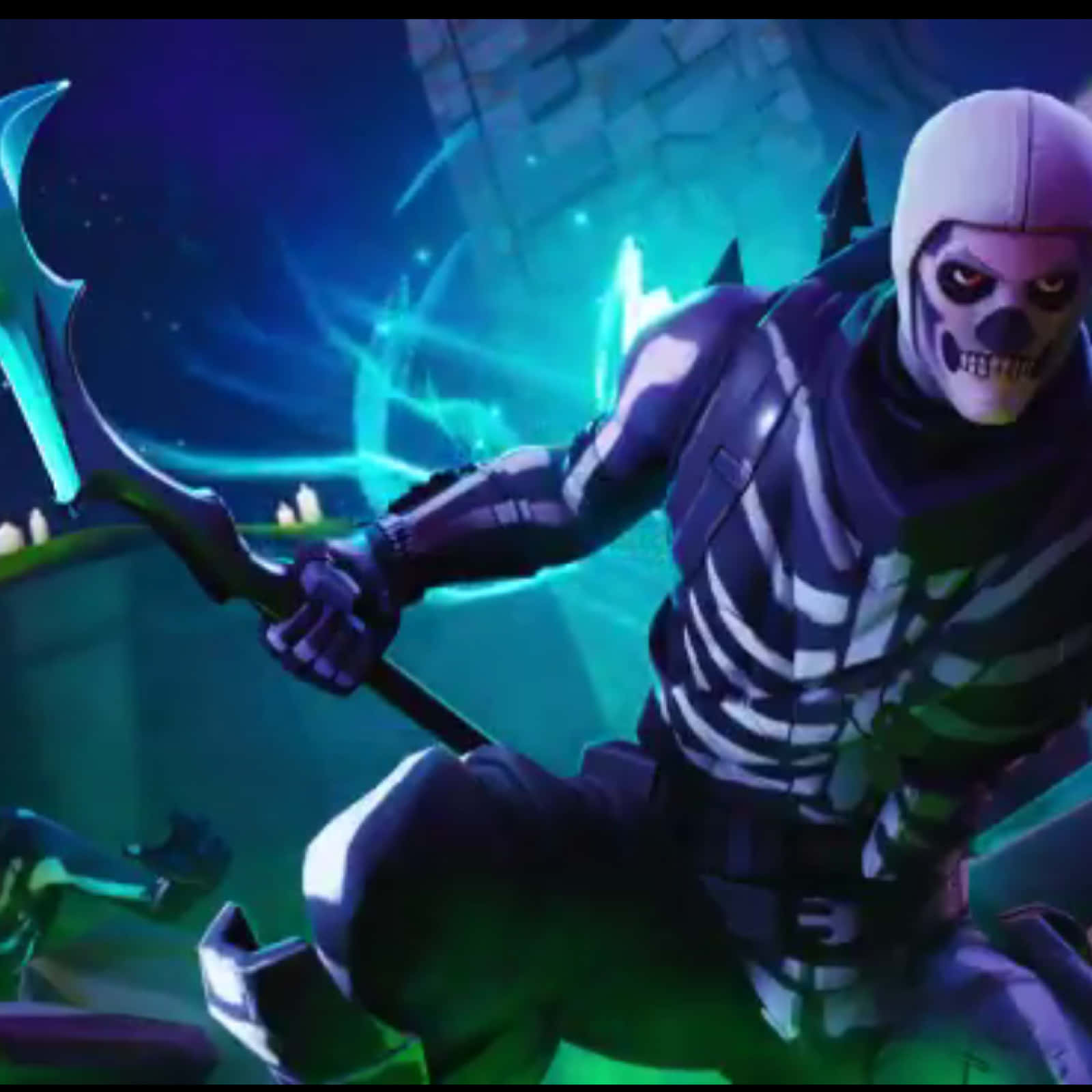 Purple Skull Trooper, purple armor, glowing blue scythe, HD Desktop Wallpaper