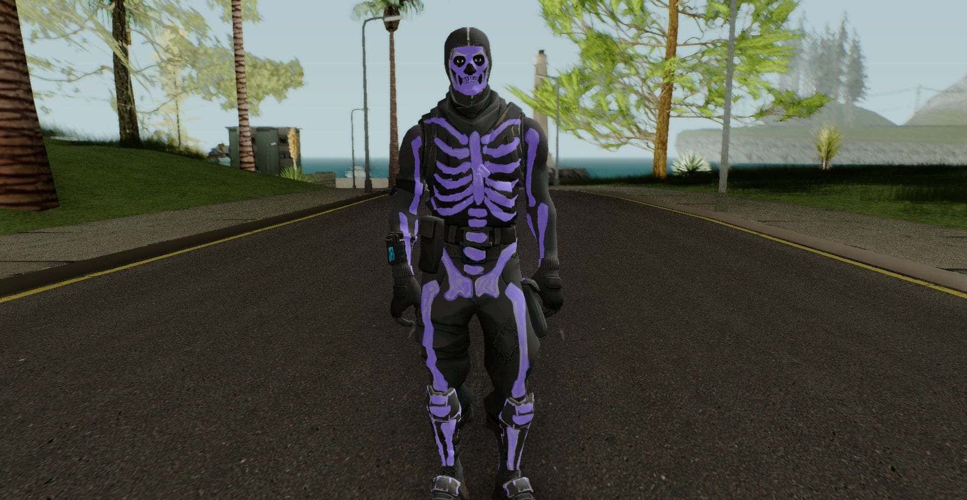 Purple Skull Trooper, purple glowing skeleton, paved road, Full HD Desktop Wallpaper