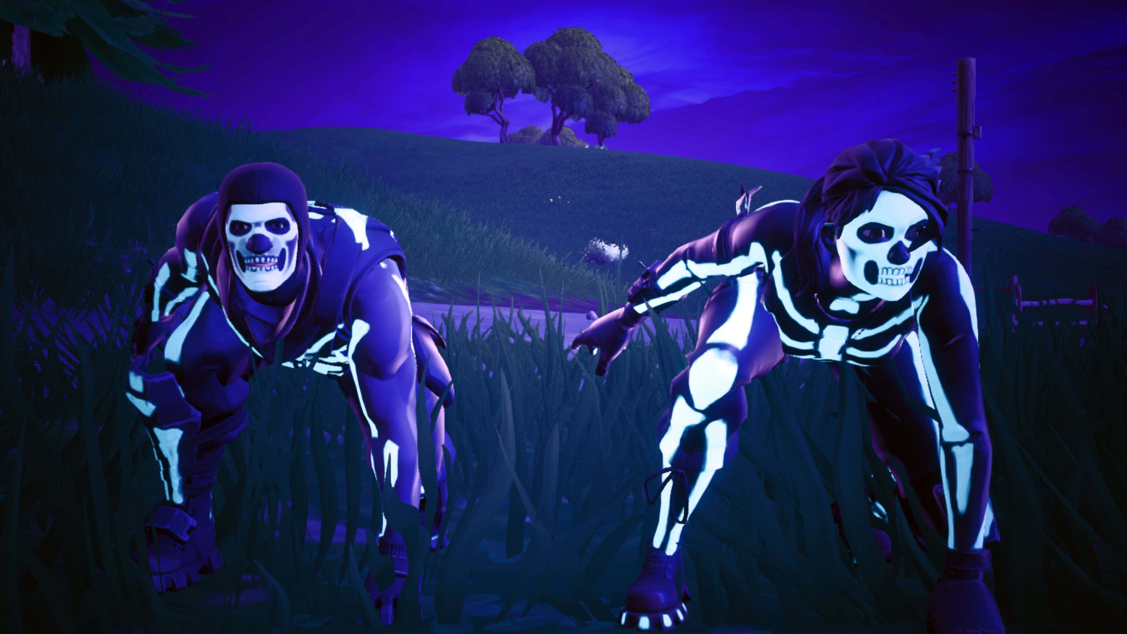 Purple Skull Trooper, glowing skeletal figures, purple-hued field, 4K Desktop Wallpaper