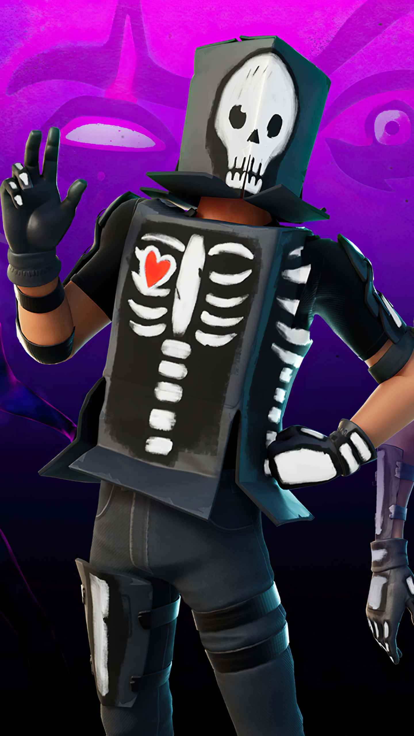 Purple Skull Trooper, blocky skeleton character, heart on its chest, 2K Phone Wallpaper