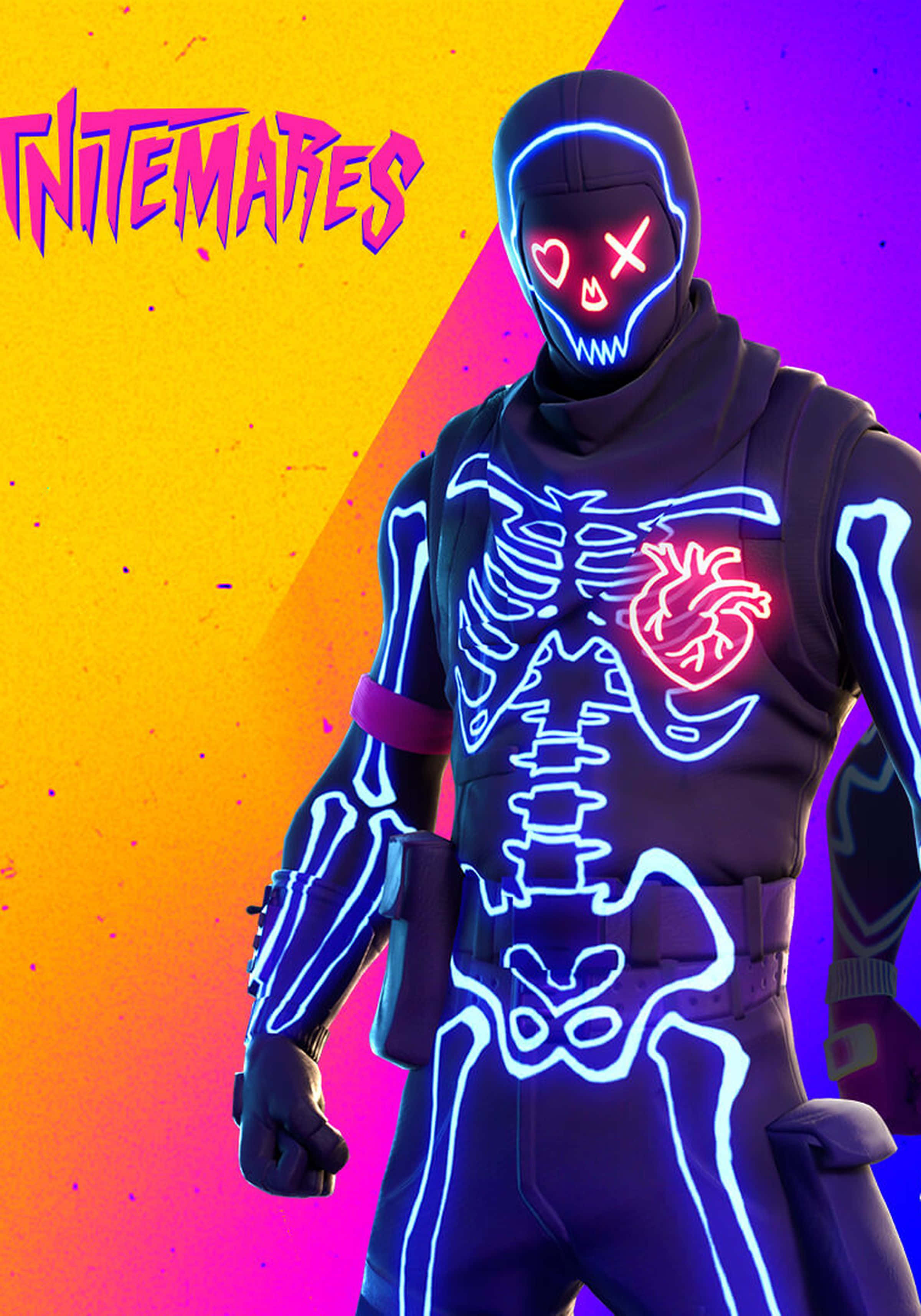 Purple Skull Trooper, neon-lit, glowing heart, 2K Phone Wallpaper