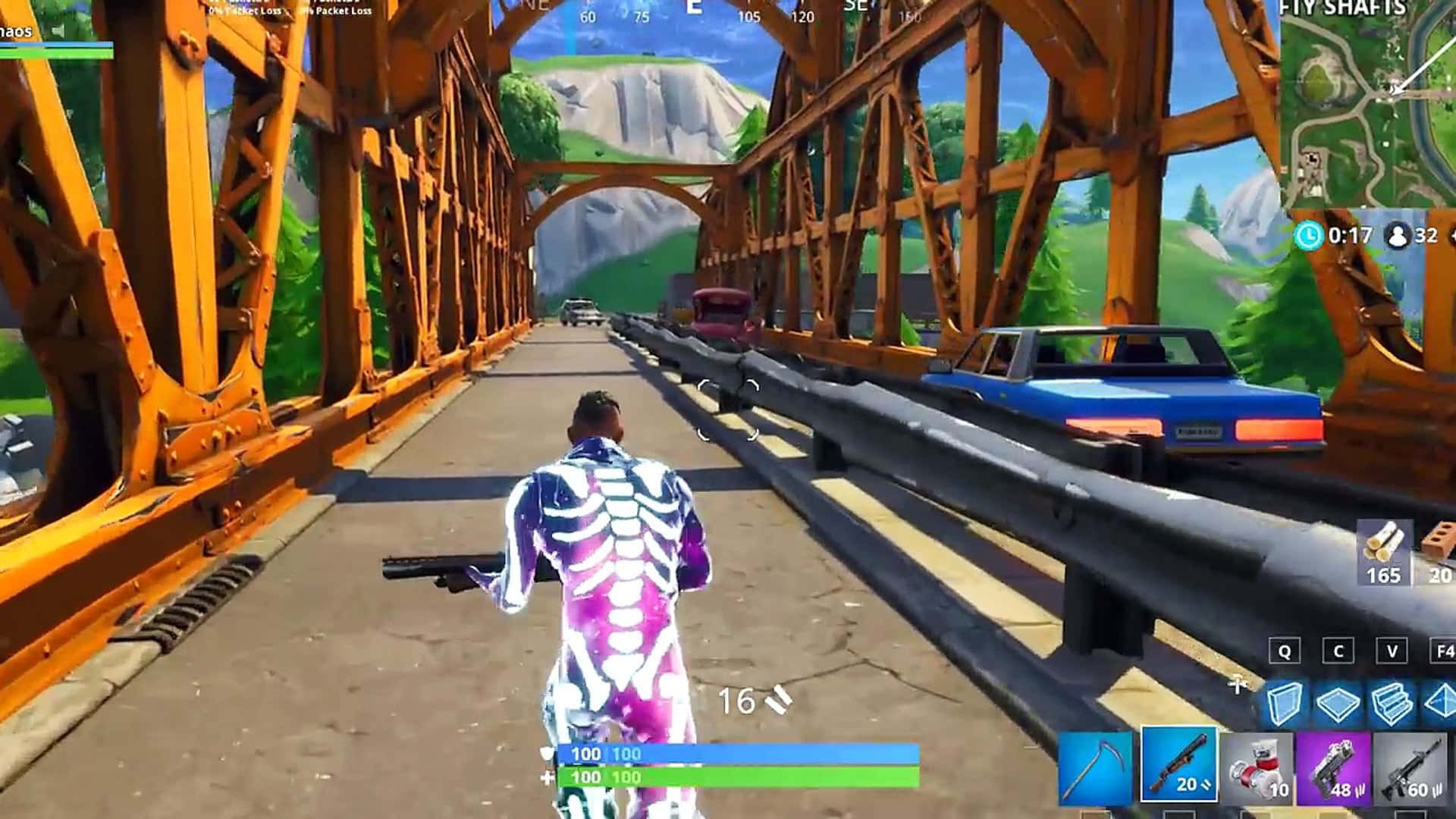 Purple Skull Trooper, glowing skeleton skin, rusty orange bridge, Full HD Desktop Wallpaper