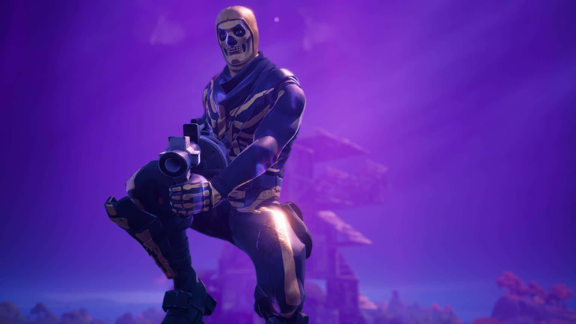 Purple Skull Trooper, blue and gold armor, rifle, Full HD Desktop Wallpaper