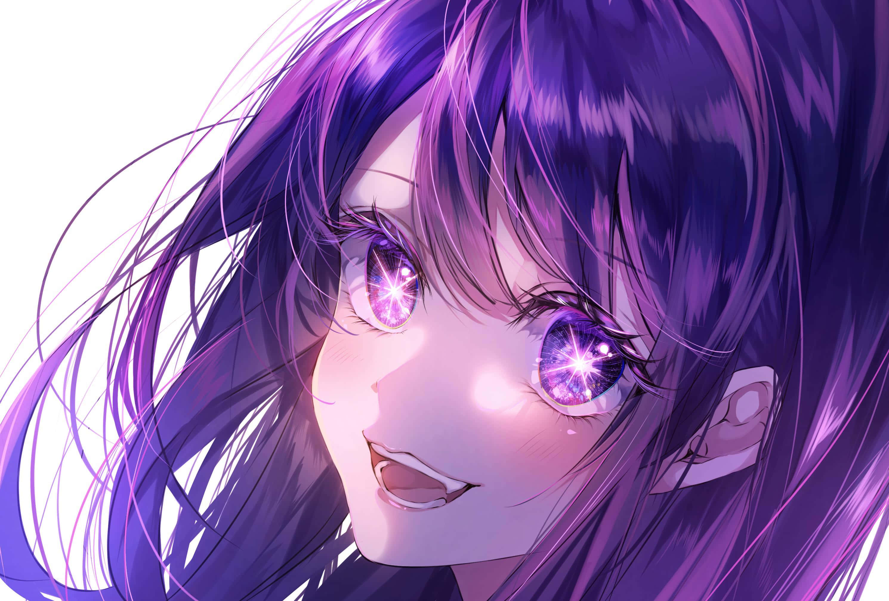 anime girl, glowing purple eyes, flowing hair, 2K Desktop Wallpaper