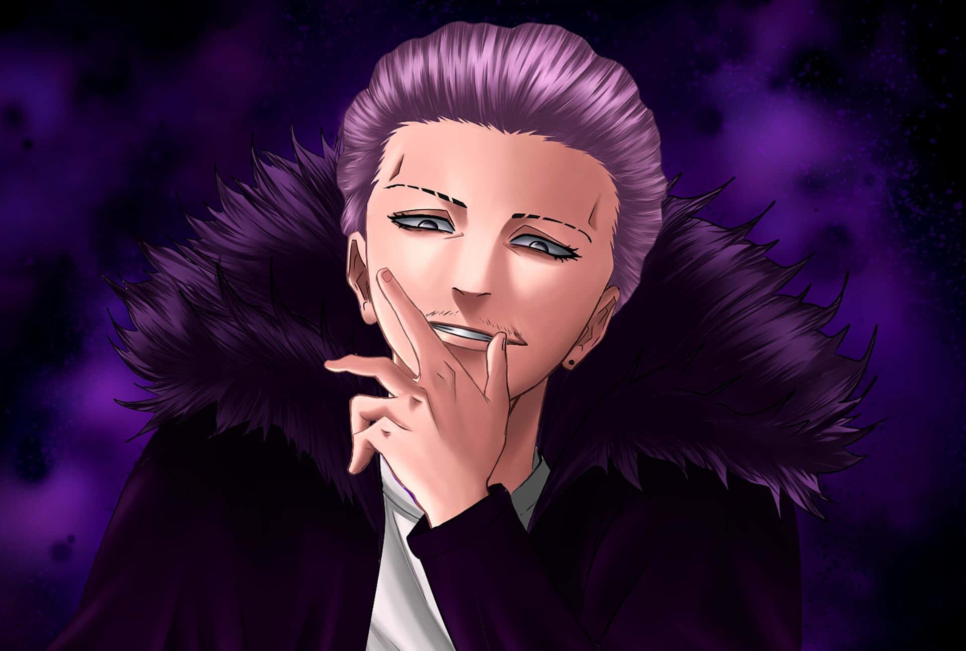 Smirking Anime Character, purple hair, fur-lined coat, Full HD Desktop Wallpaper