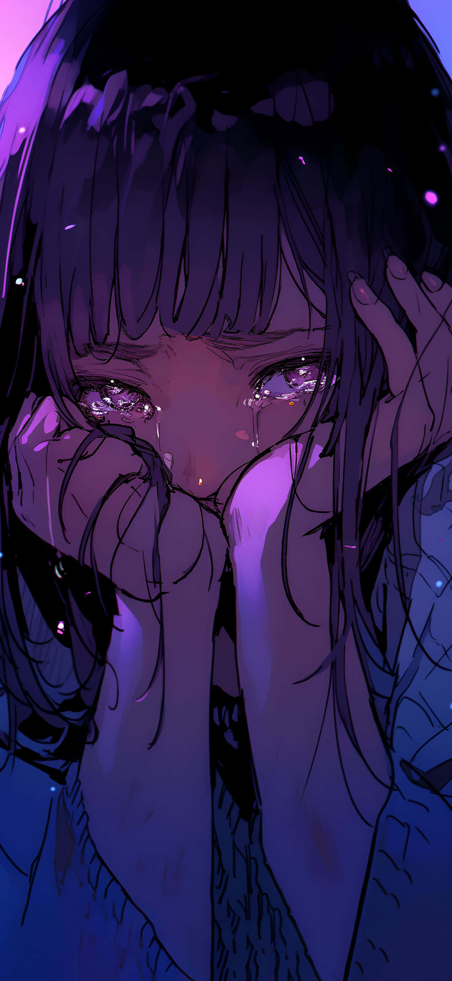 Emotional Purple Anime Girl, purple blue lighting, glowing eyes, 2K Phone Wallpaper