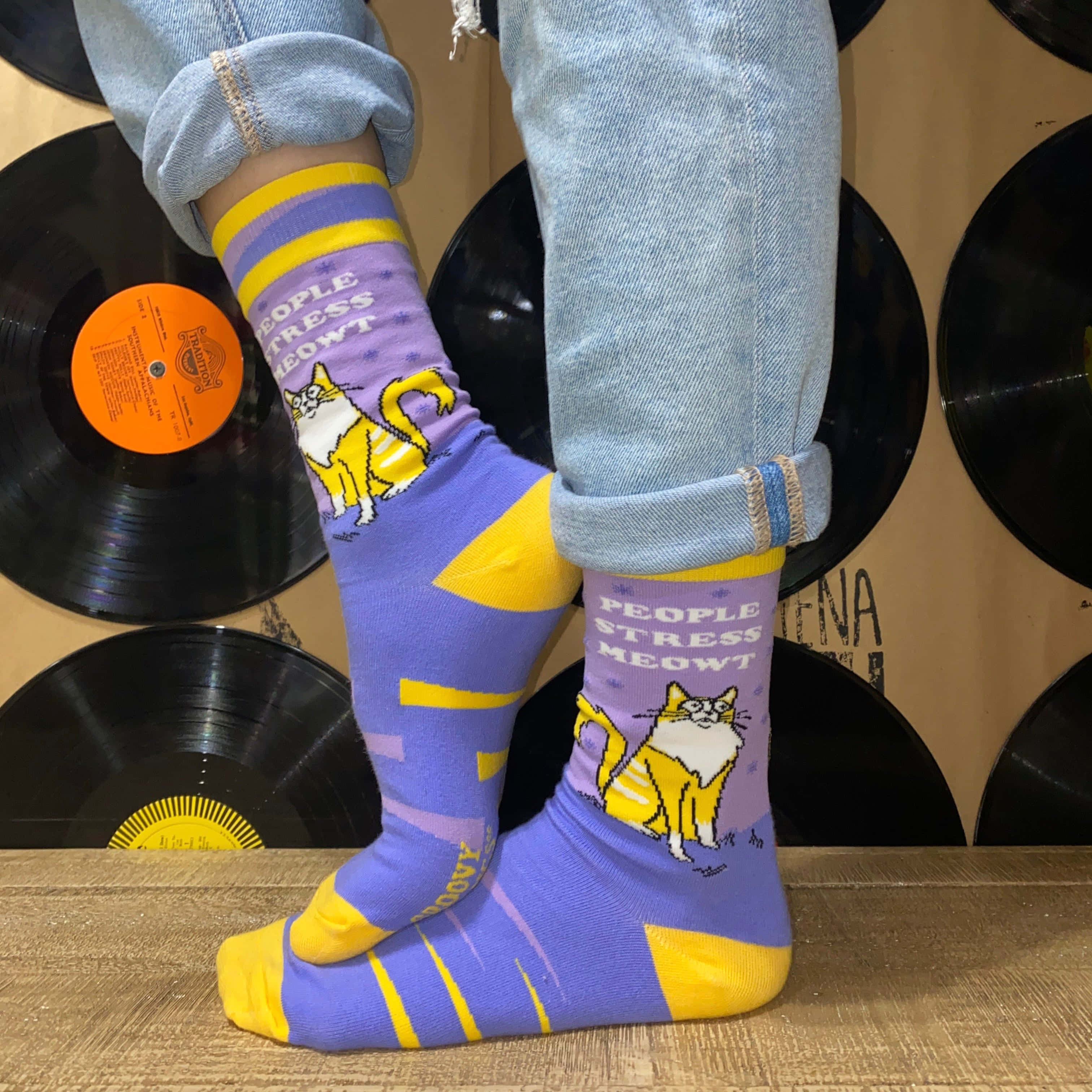 Purple Socks, cartoon cats, vinyl records, 2K Desktop Wallpaper