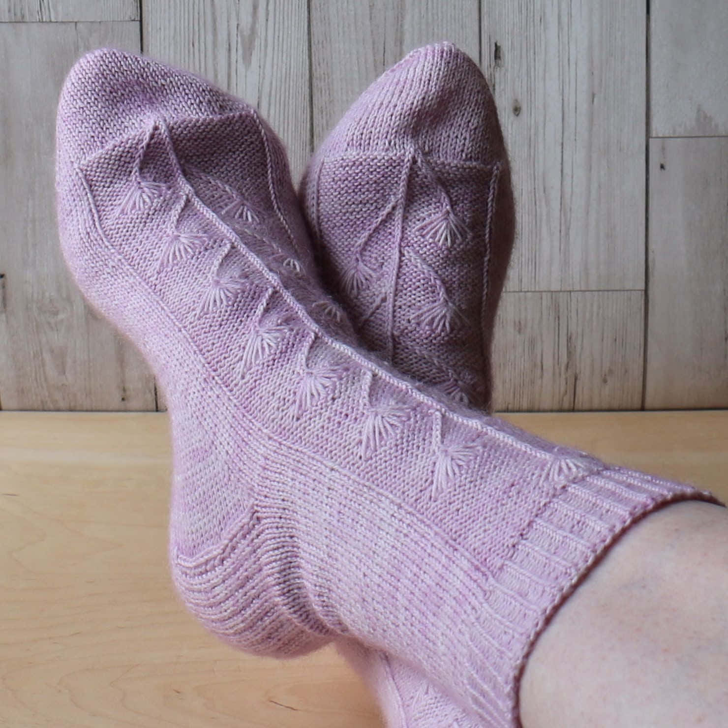 lavender hand-knitted socks, leaf patterns, wooden floor, HD Desktop Wallpaper