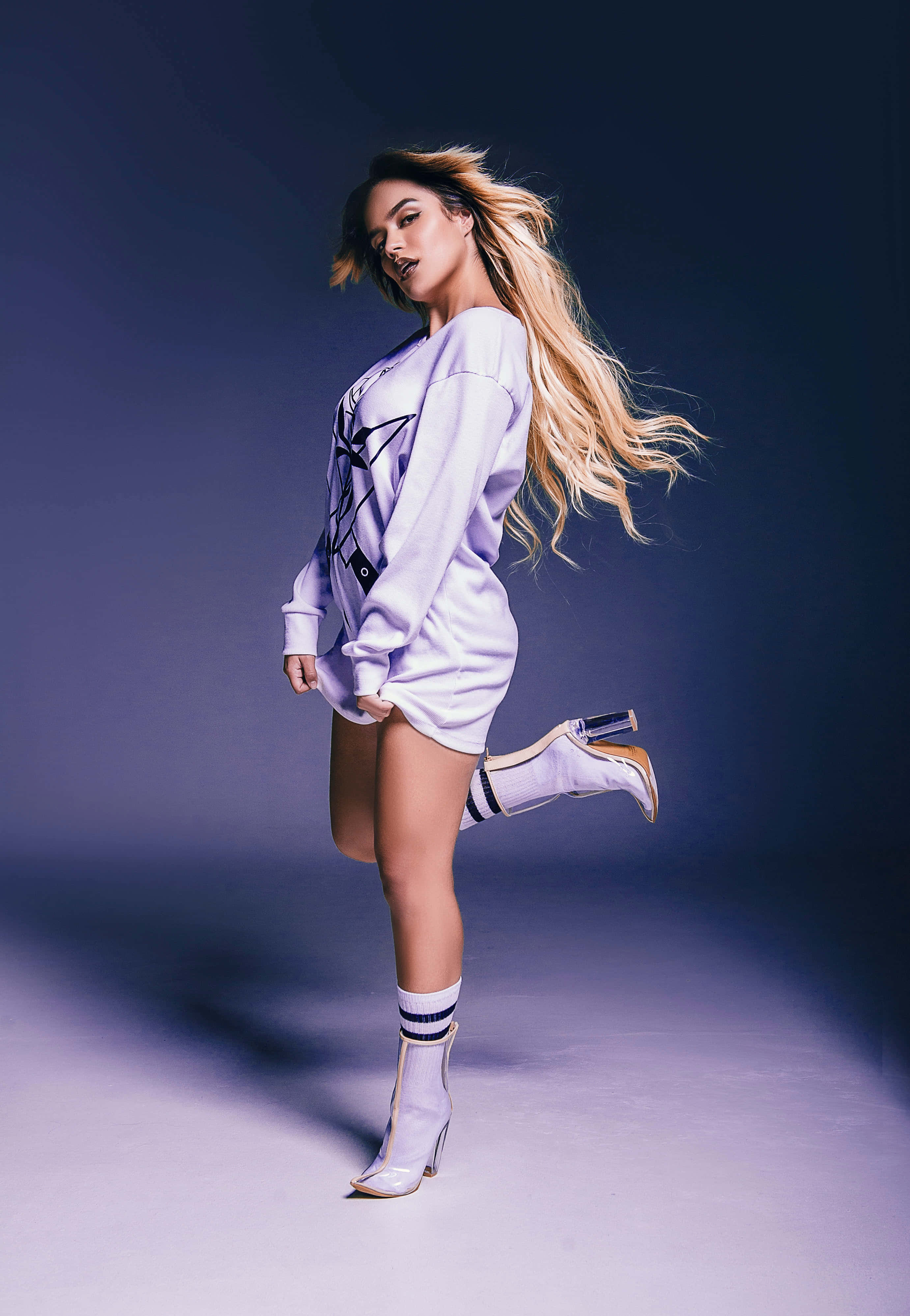 lavender oversized sweatshirt, white boots, deep purple studio backdrop, 4K Phone Wallpaper