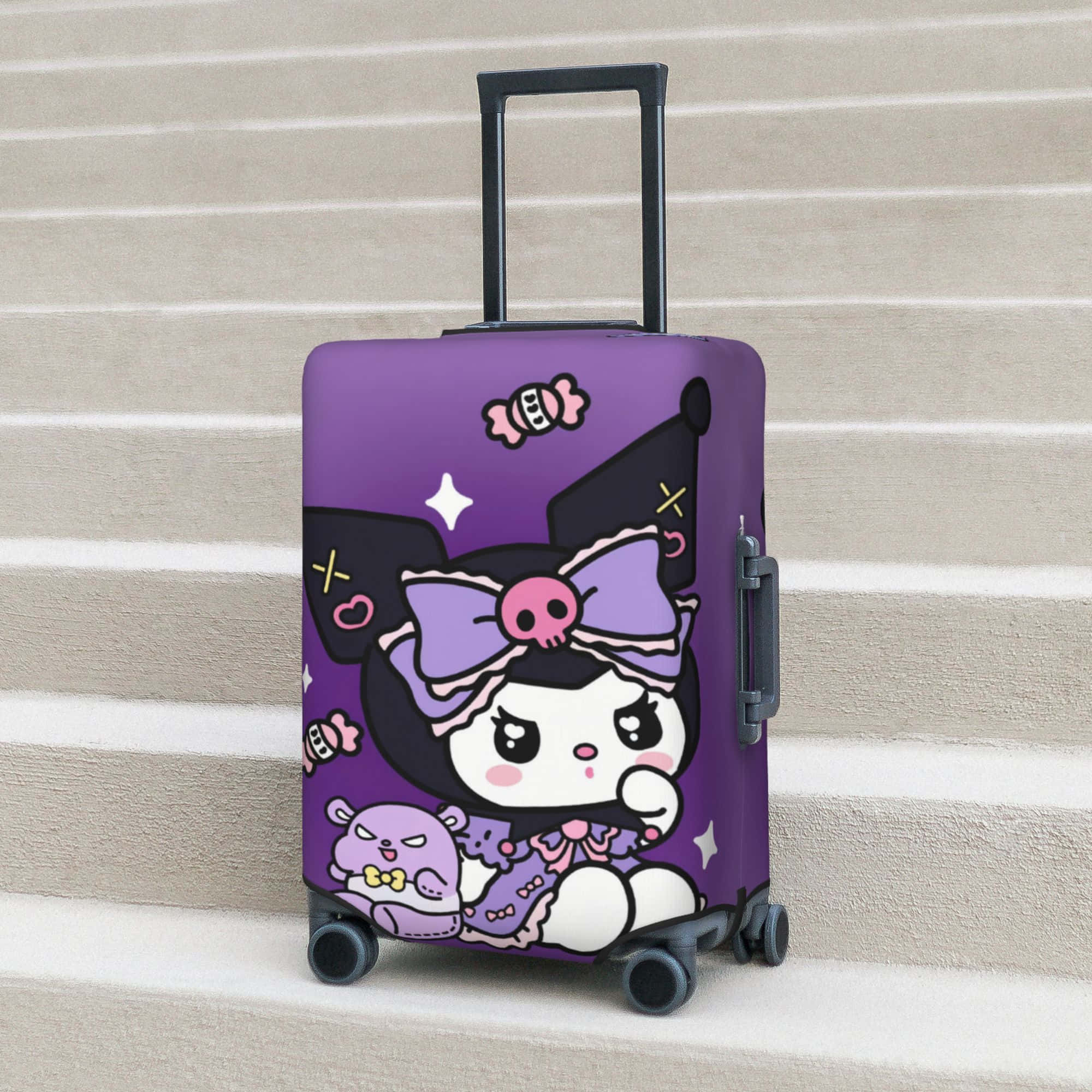 purple suitcase, cartoon witch character, skull bow, Full HD Desktop Wallpaper