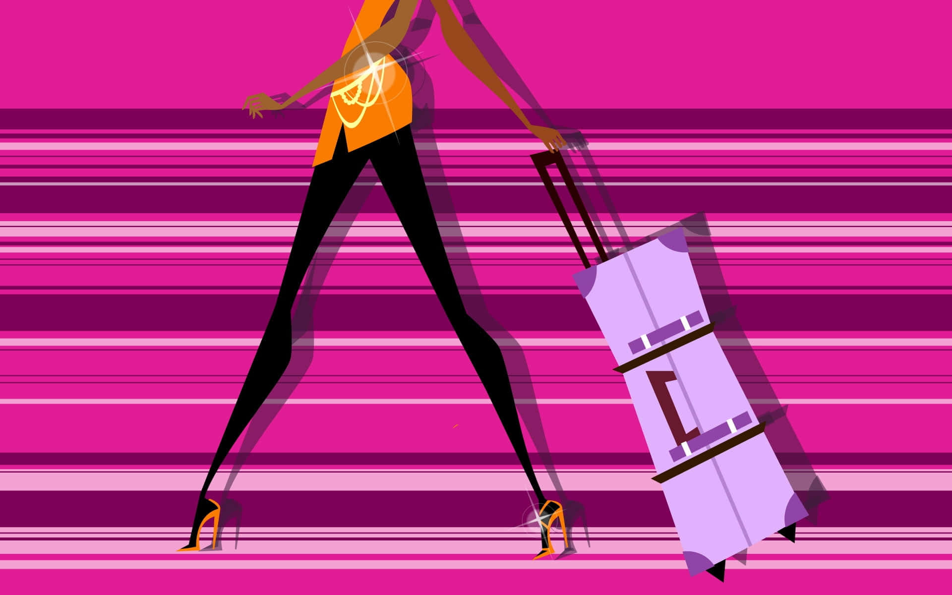 purple suitcase, orange top, black pants, Full HD Desktop Wallpaper