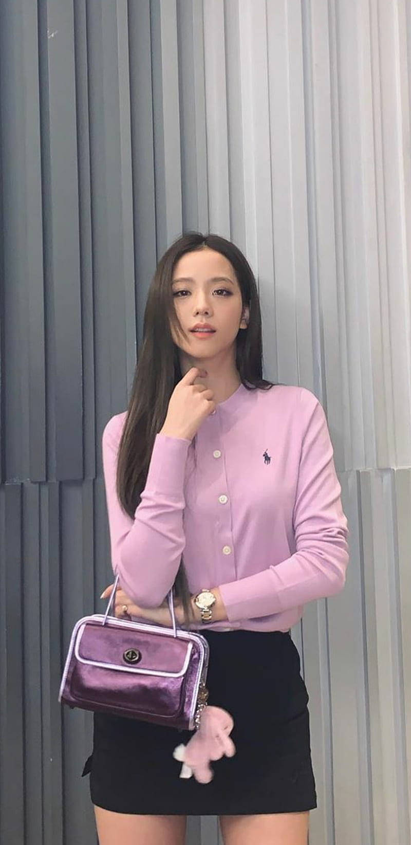 lavender button-up, black skirt, purple handbag, HD Phone Wallpaper