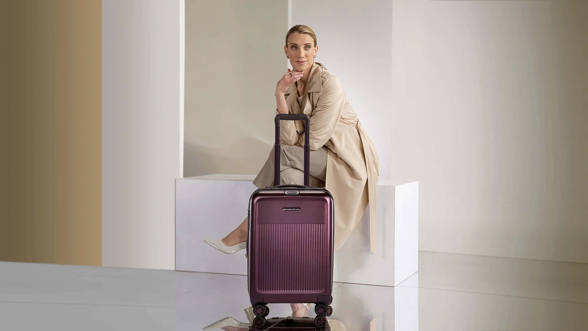 purple suitcase, beige trench coat, white cube, Full HD Desktop Wallpaper
