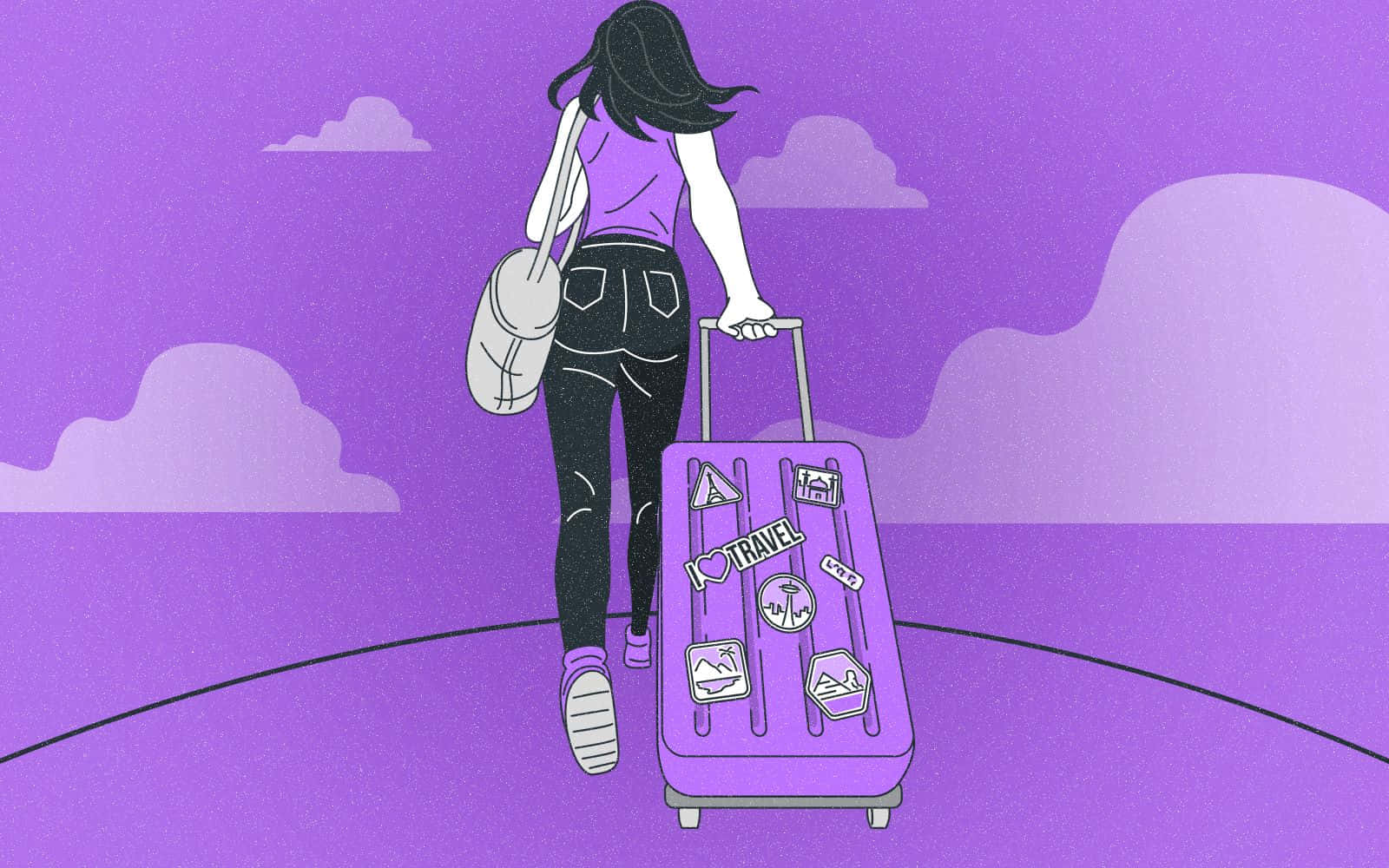 purple suitcase, dark hair, purple sky, HD Desktop Wallpaper