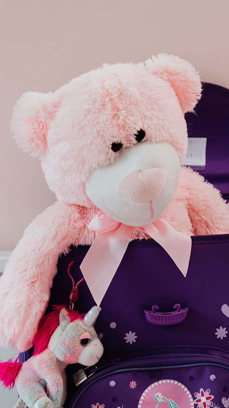 pink teddy bear, unicorn, purple suitcase, HD Phone Wallpaper